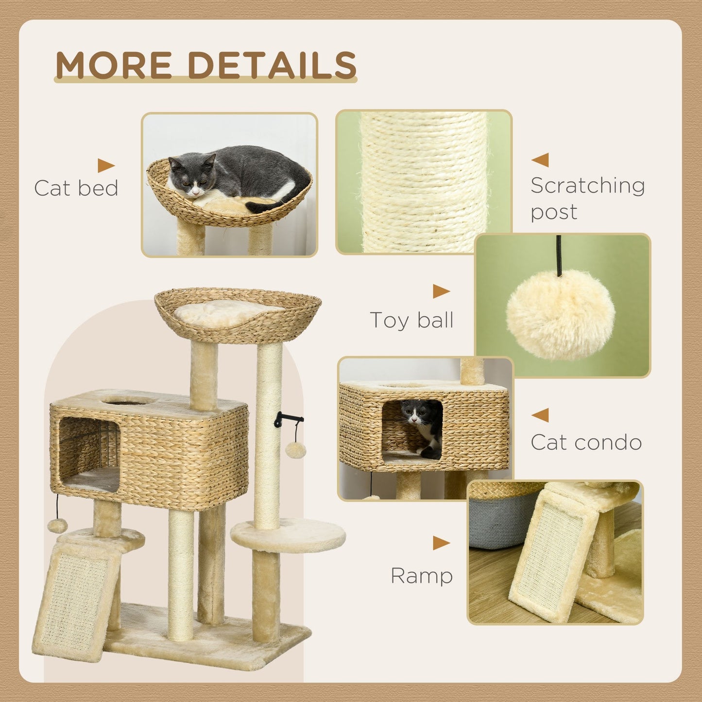 95cm Cat Tree Tower for Indoor Cats, with Scratching Post, Cat House, Toy Ball, Platform - Beige-4