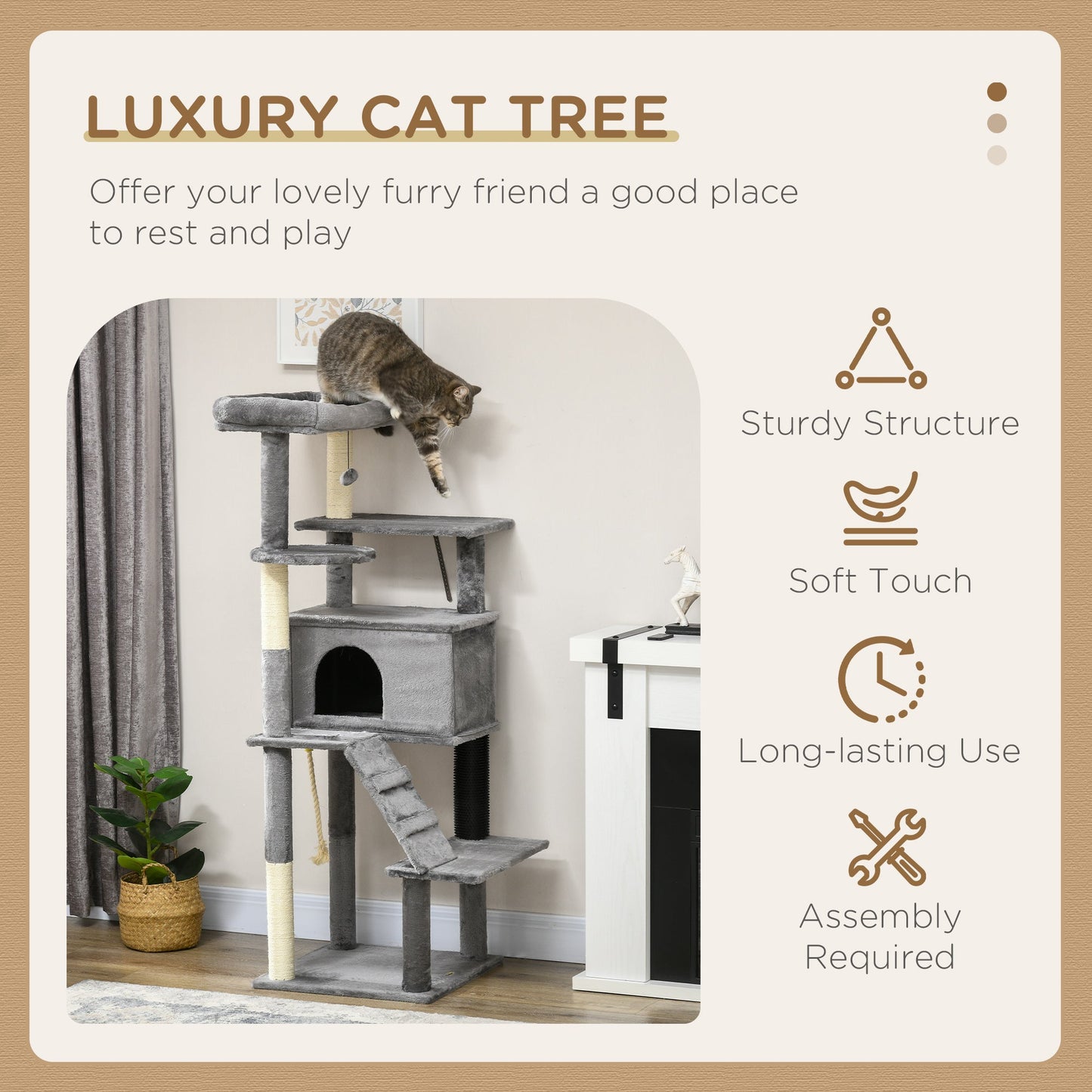 Cat Tree Tower for Indoor Cats, with Scratching Post, Cat House, Toy, Grey-3
