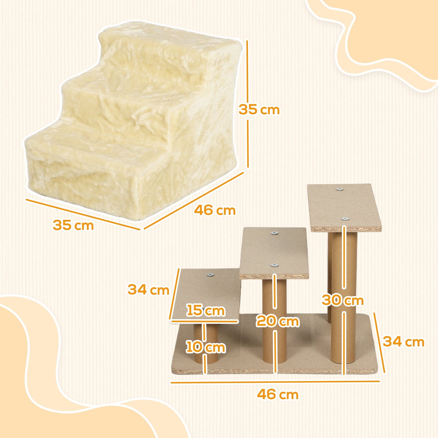 Three-Step Dog Stairs, with Washable Plush Cover, for High Bed Sofa, Dog Stairs for Small Dog and Cat - Beige-2