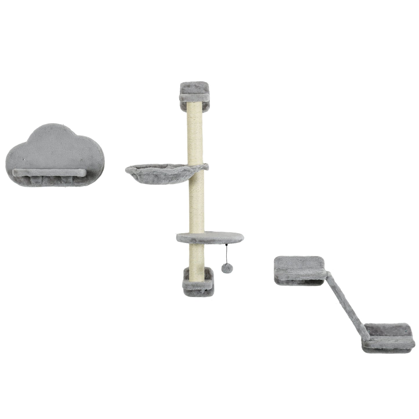 3 Pcs Wall Mounted Cat Shelves, w/ Hammock, Jumping Platform, Ladder, Scratching Post, Cat Wall Furniture w/ Play Ball for Large Cats, Grey-0