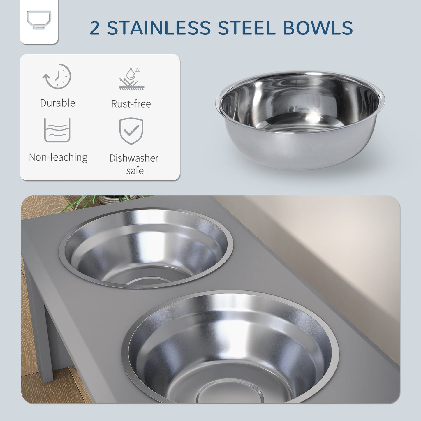 Raised Dog Feeding Bowls with Stand, Stainless Steel for Small and Medium Dog, 58L x 31W x 25H cm - Grey-4