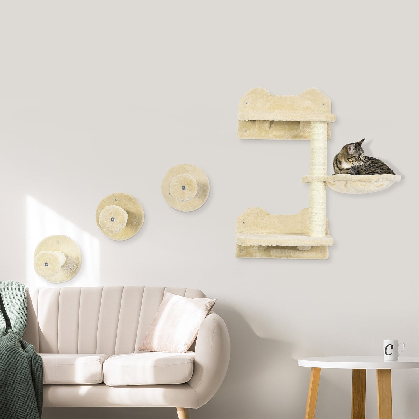 4PCs Cat Shelf, Cat Wall Furniture w/ Hammock, Steps, Platforms, Scratching Post, Wall Mounted Cat Tree for Indoor Cat, Beige-1