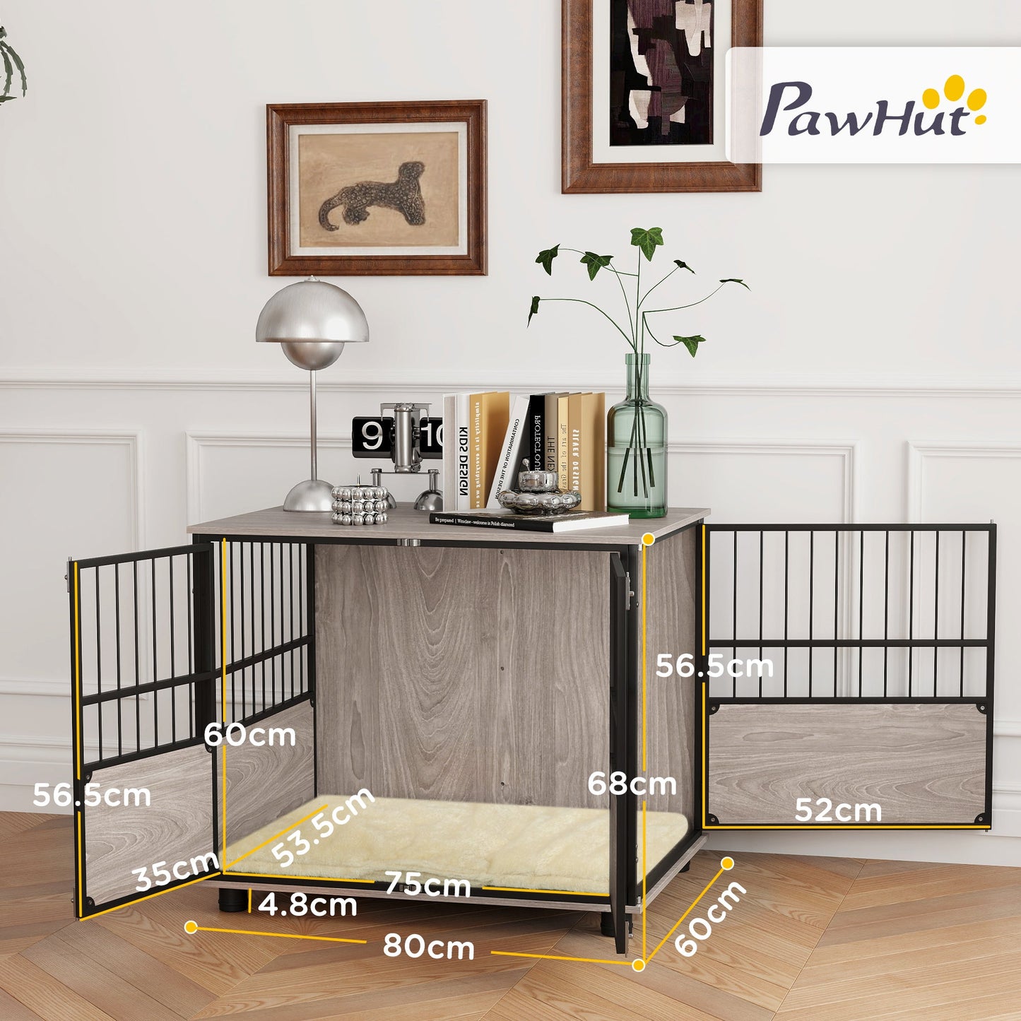 80cm Furniture Style Dog Crate Dog Cage End Table Indoor with 3 Doors Soft Washable Cushion, for Medium Sized Dogs-2
