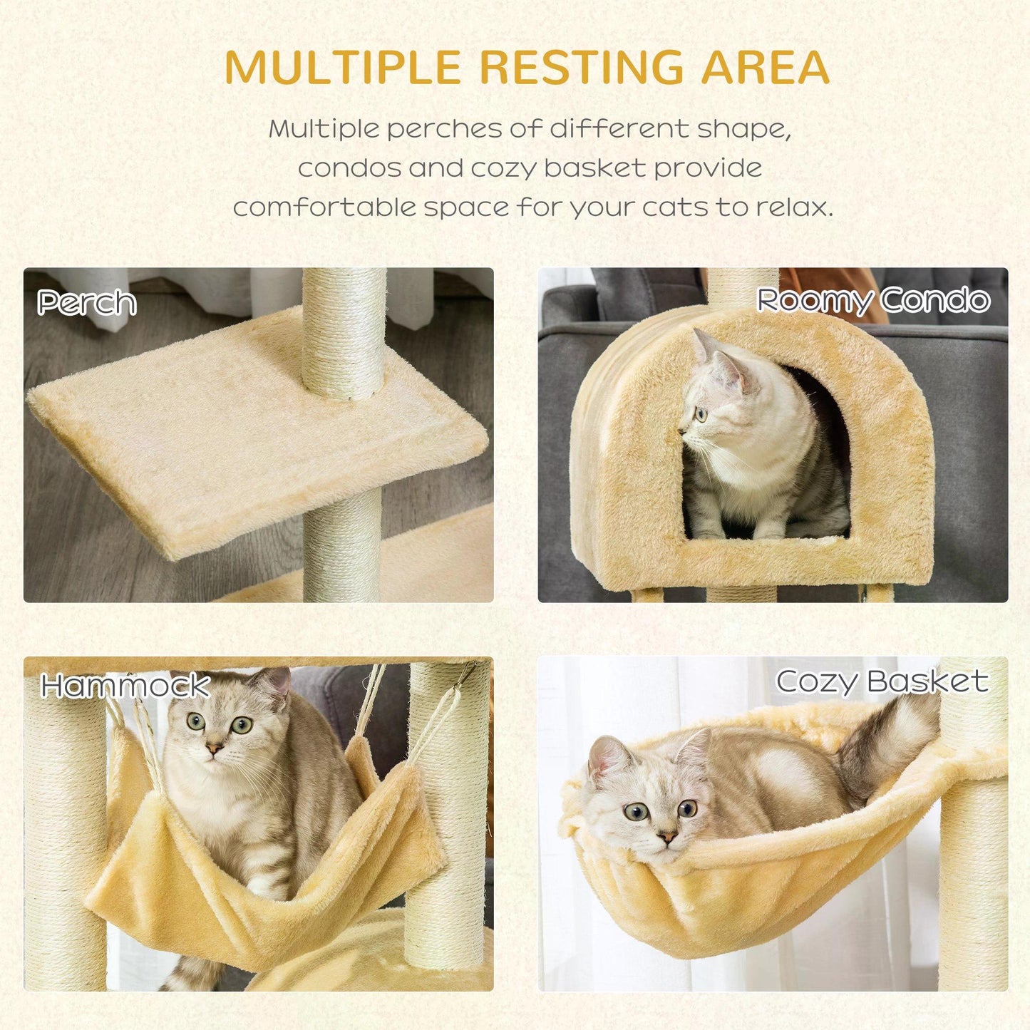 Cat Tree Tower Kitten Activity Centre Scratching Post w/ Hammock Condo Bed Basket Ladder 98 cm, Beige-4