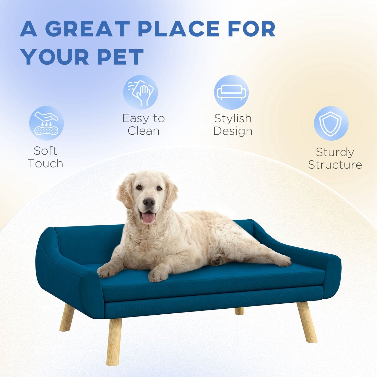 Dog Couch with Soft Cushion, Pet Sofa Bed with Wooden Frame, Removable Cover, for Medium and Large Dogs, Blue-4
