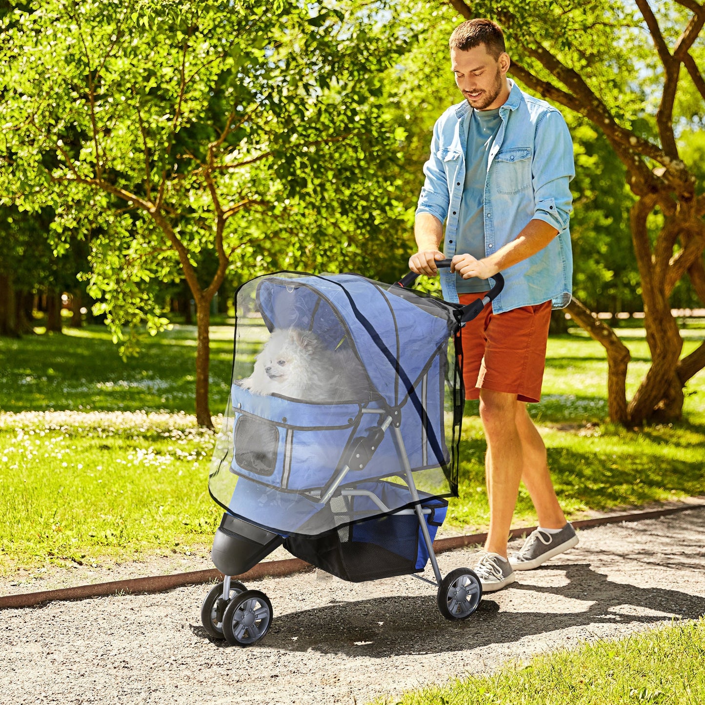 Dog Stroller with Cover for Small Miniature Dogs, Folding Cat Pram Dog Pushchair with Cup Holder, Storage Basket, Reflective Strips, Blue-1