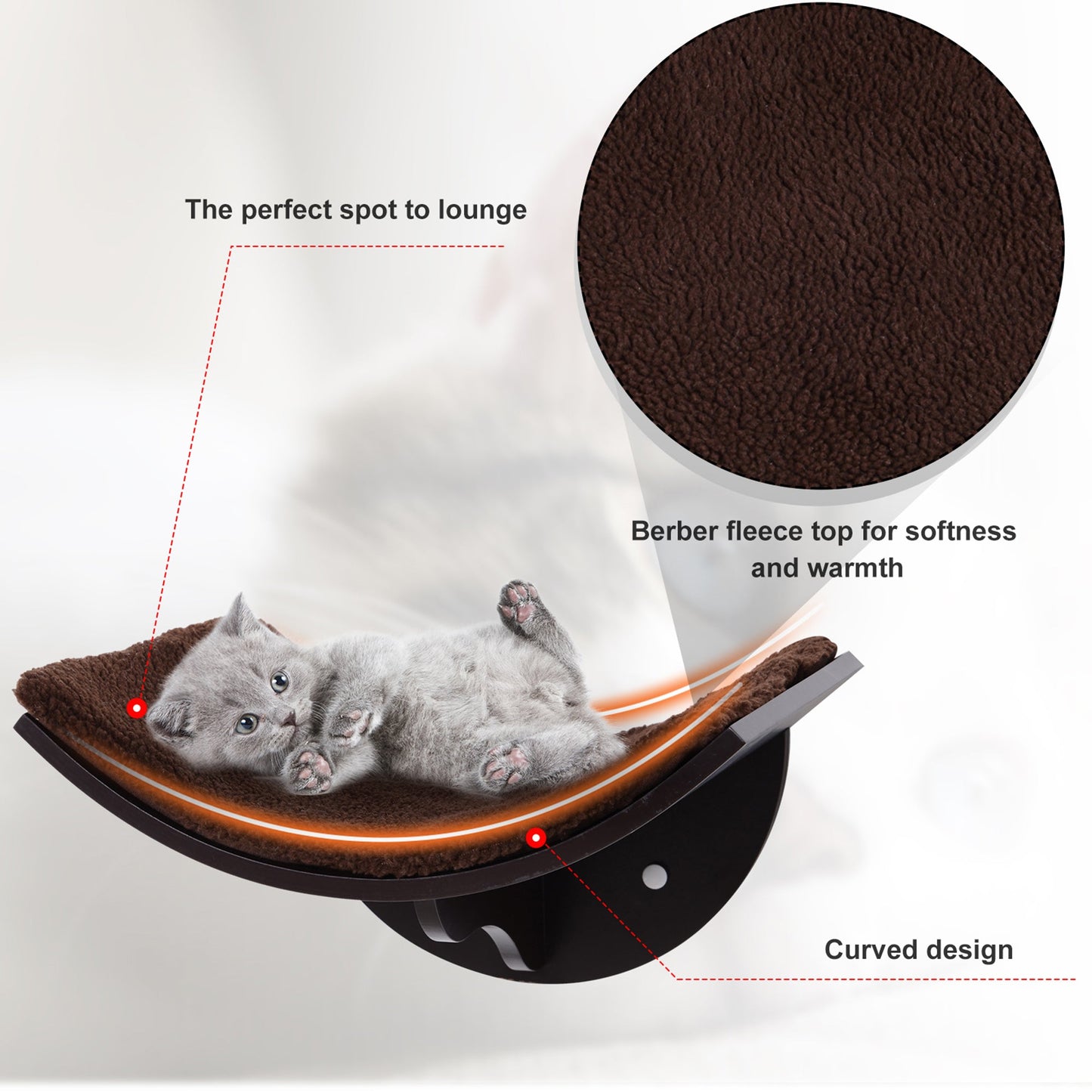Cats Wall-Mounted MDF Shelf Bed w/ Fleece Cushion Brown-4
