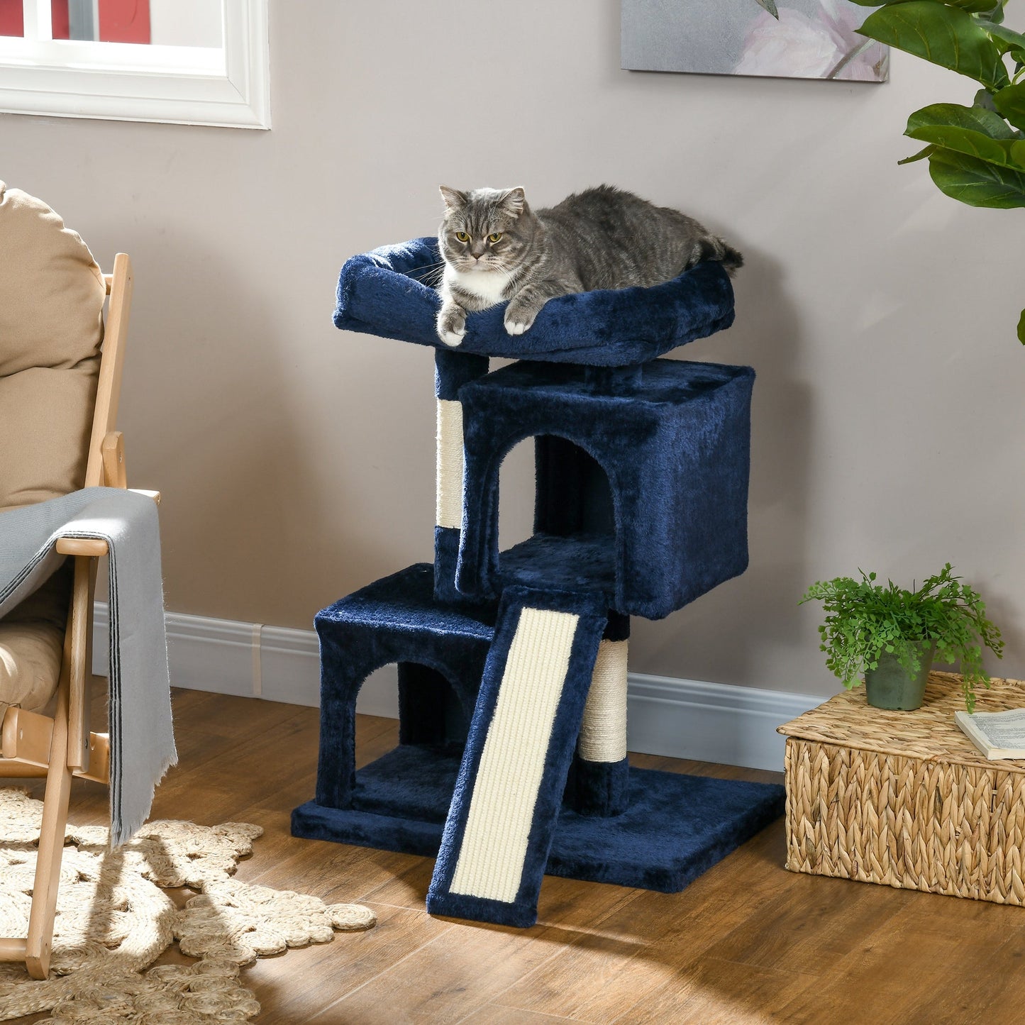 Sisal Cat Rest & Play Activity Tree w/ 2 House Navy Blue-1
