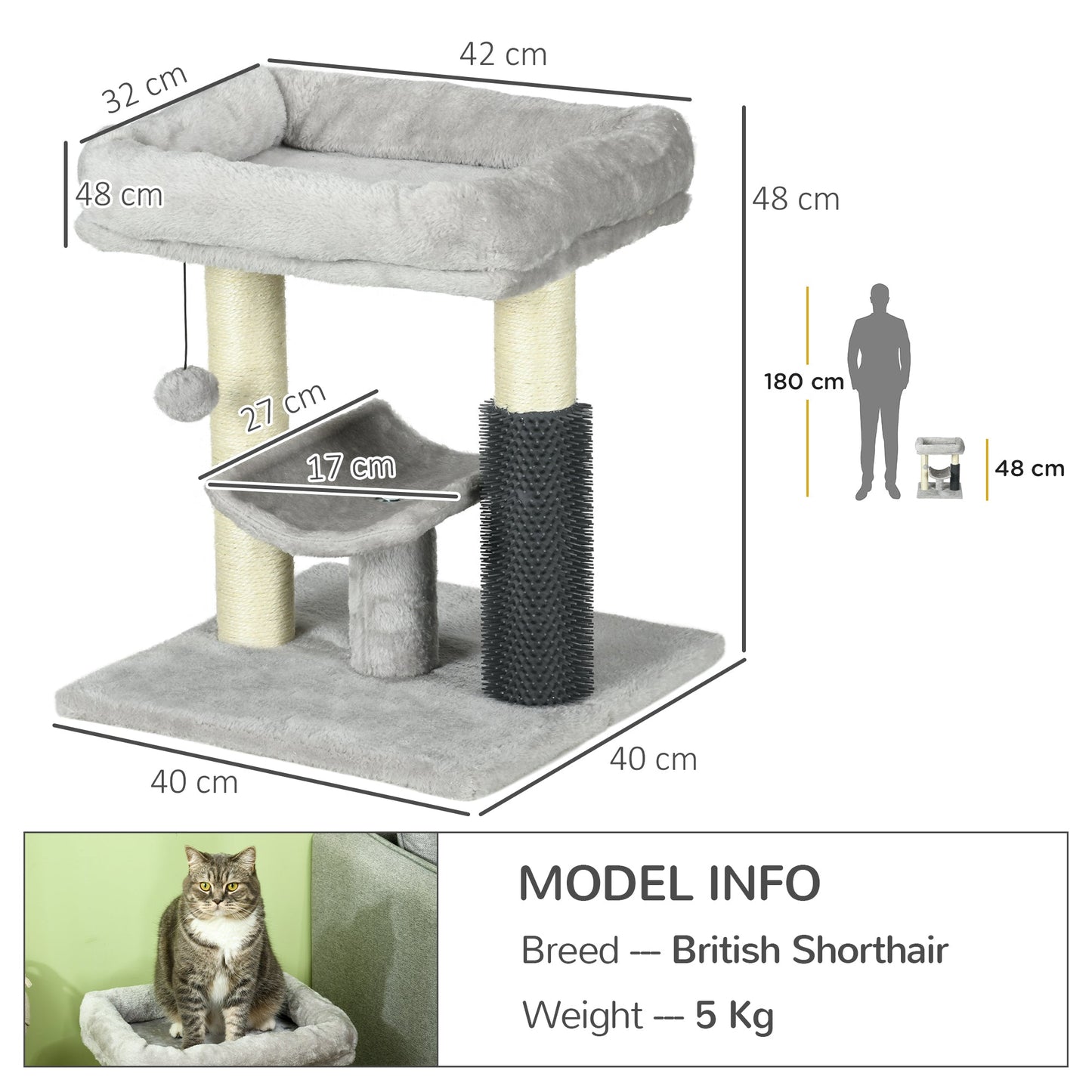 48cm Cat Tree, Cat Tower with Cat Self Groomer Cat Scratching Post with Hanging Ball, Self Groomer and Perches, Grey-2