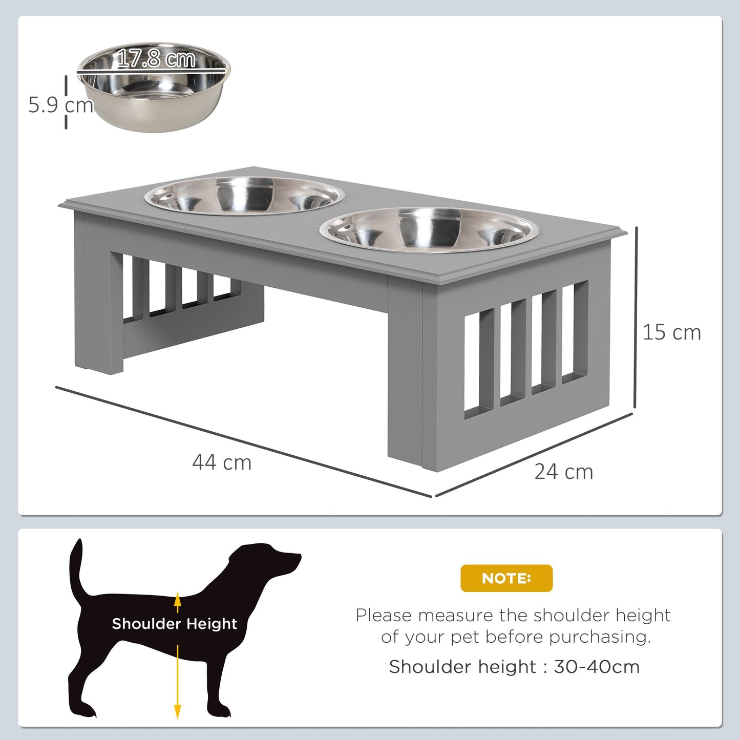 Raised Dog Feeding Bowls with Stand, Stainless Steel for Extra Small and Small Dog, 44L x 24W x 15H cm - Grey-2