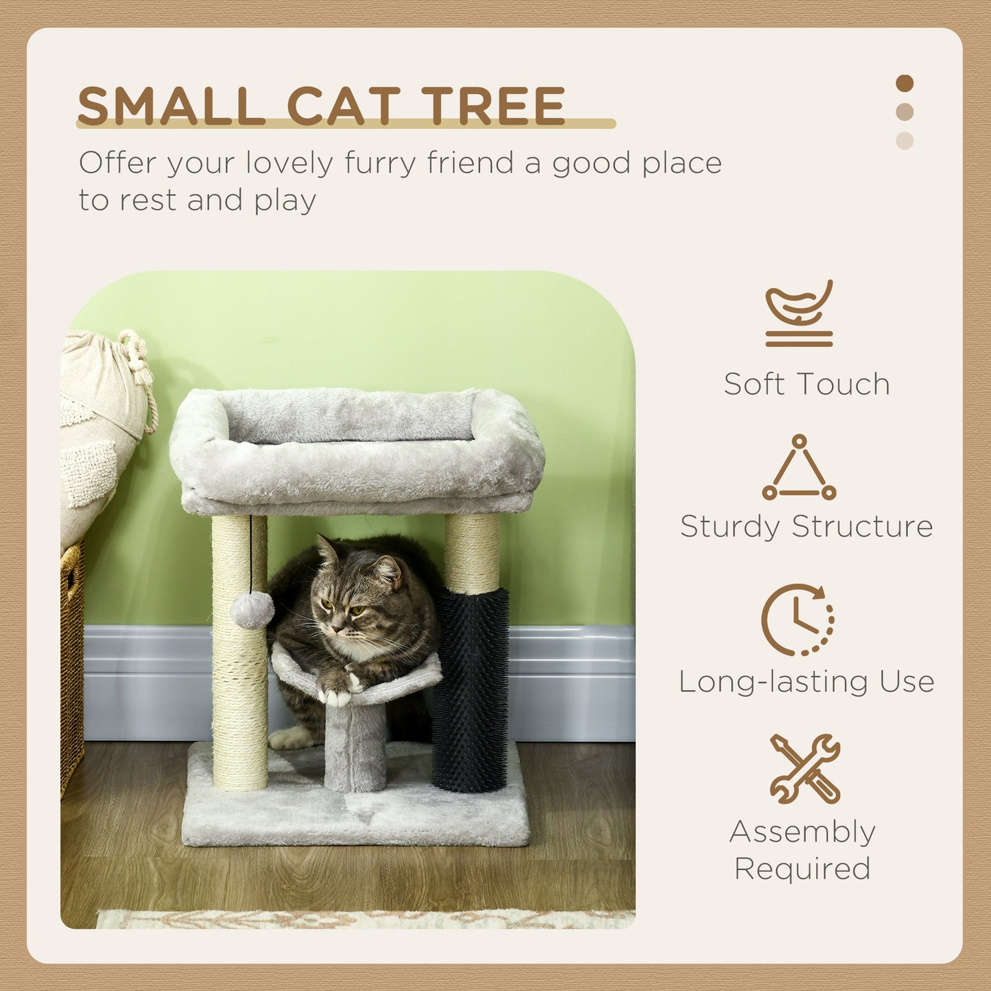 48cm Cat Tree, Cat Tower with Cat Self Groomer Cat Scratching Post with Hanging Ball, Self Groomer and Perches, Grey-3