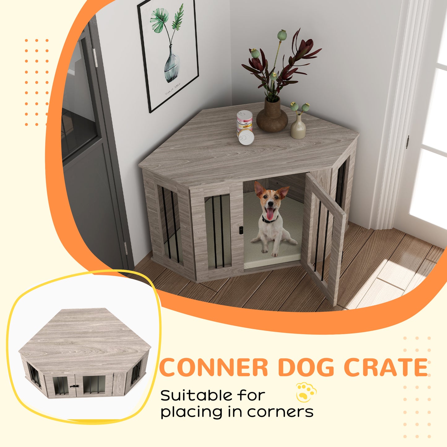 2 in 1 Dog Crate Furniture Side Table, with Cushion, 104 x 55 x 63cm - Walnut Brown by PawHut-3