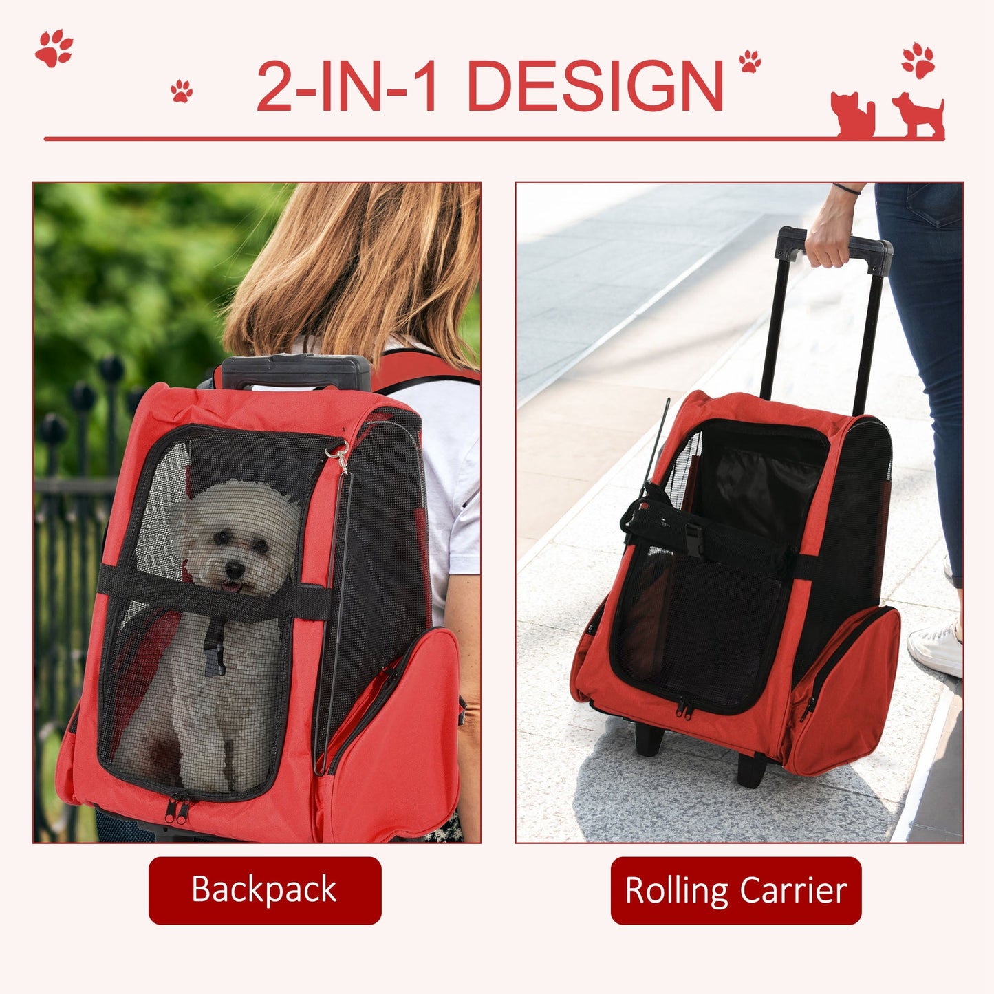 Dog Carrier Bag Travel Backpack Bag Cat Carrier Dog Bag w/ Trolley and Telescopic Handle, 42 x 25 x 55 cm, Red-3