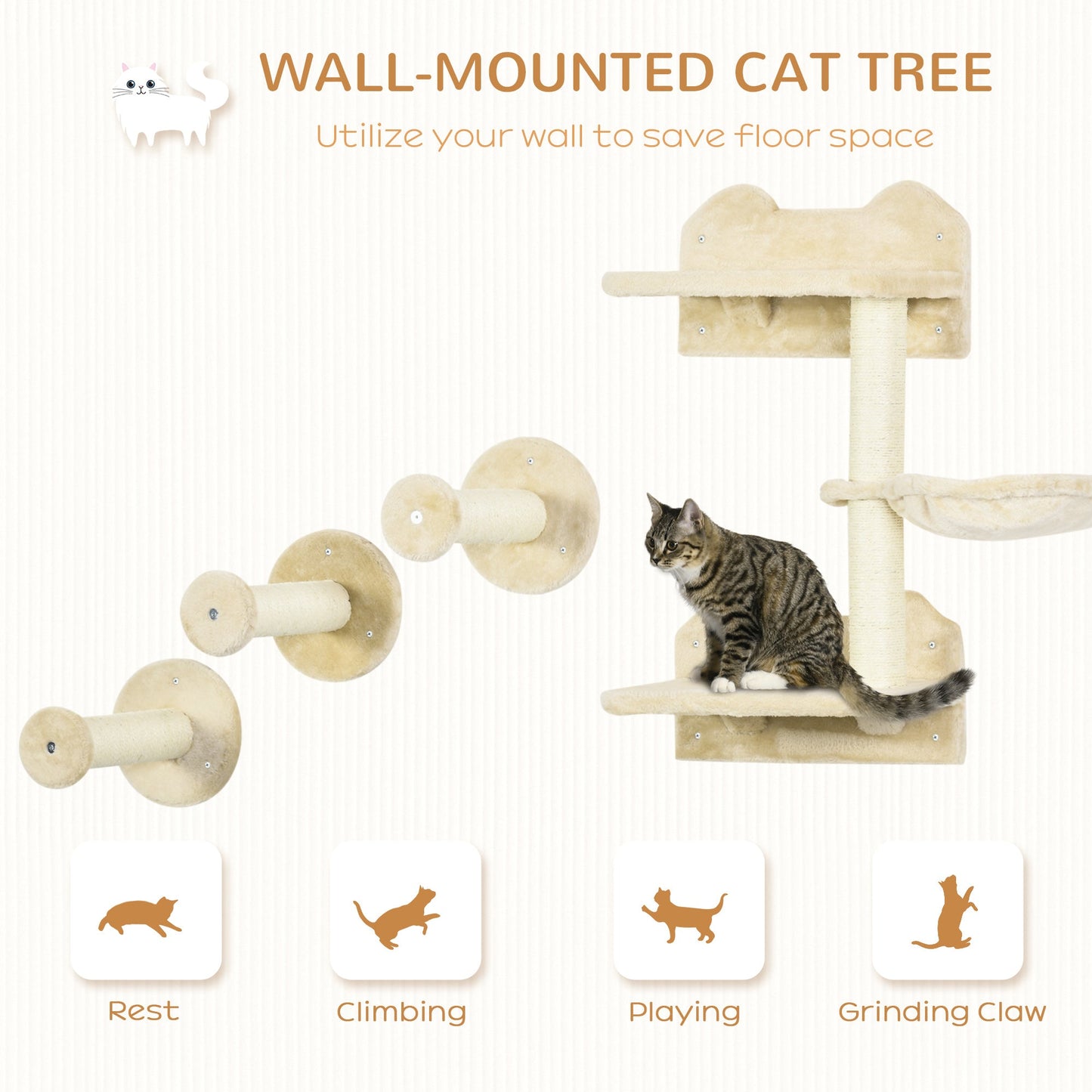 4PCs Cat Shelf, Cat Wall Furniture w/ Hammock, Steps, Platforms, Scratching Post, Wall Mounted Cat Tree for Indoor Cat, Beige-3
