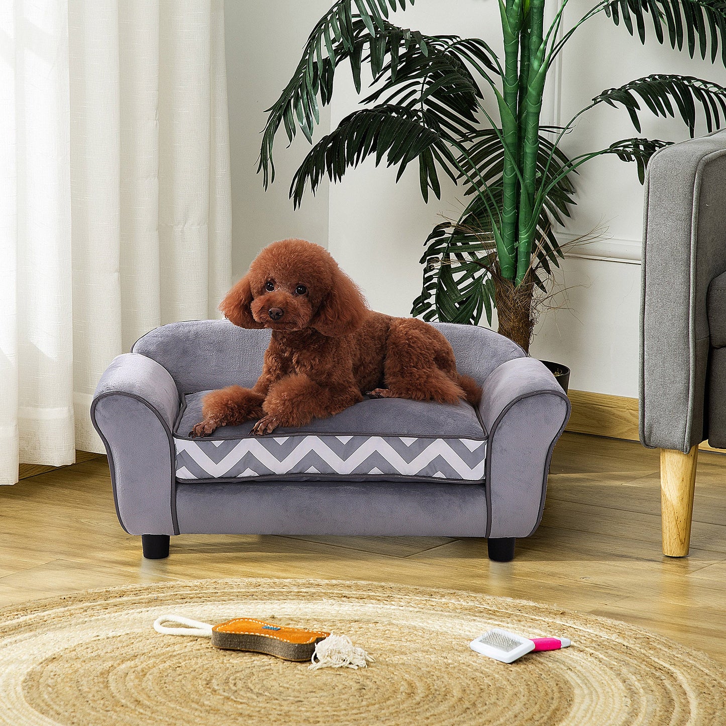 Dog Sofa Bed for XS-Sized Dogs, Cat Sofa with Soft Cushion, Pet Chair Lounge with Washable Cover, Removable Legs, Wooden Frame - Grey-1