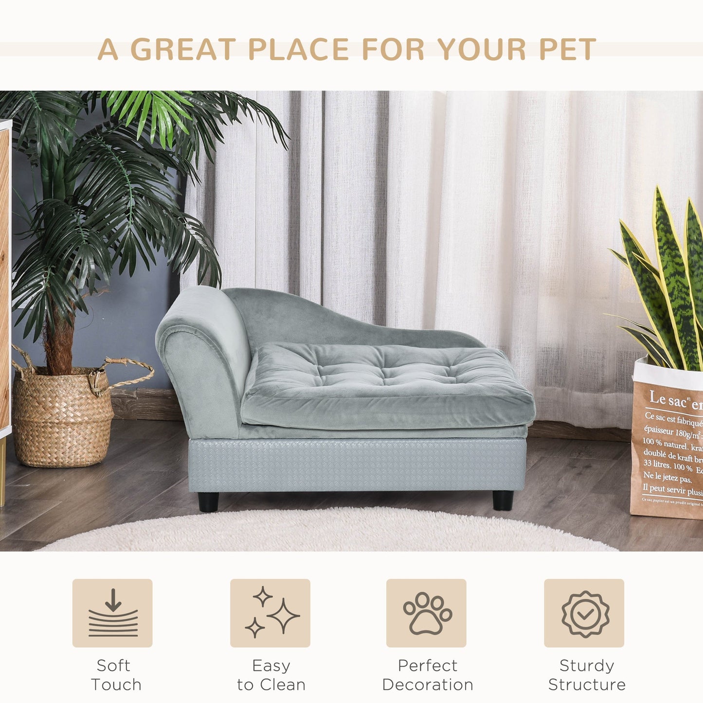 Dog Sofa with Storage, Pet Chair for Small Dogs, Cat Couch with Soft Cushion, Light Blue, 76 x 45 x 41.5 cm-3