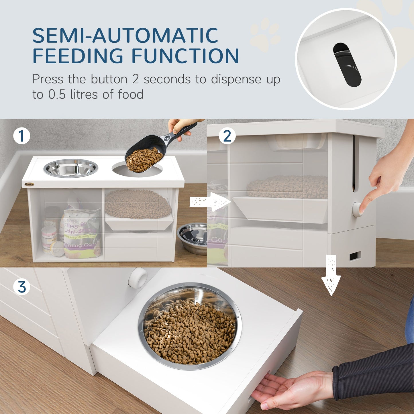 Raised Dog Bowls w/ Slow Feeder Mat, Storage Cabinet, 3 Stainless Steel Bowls, Semi-Auto Dispenser Function, White-3