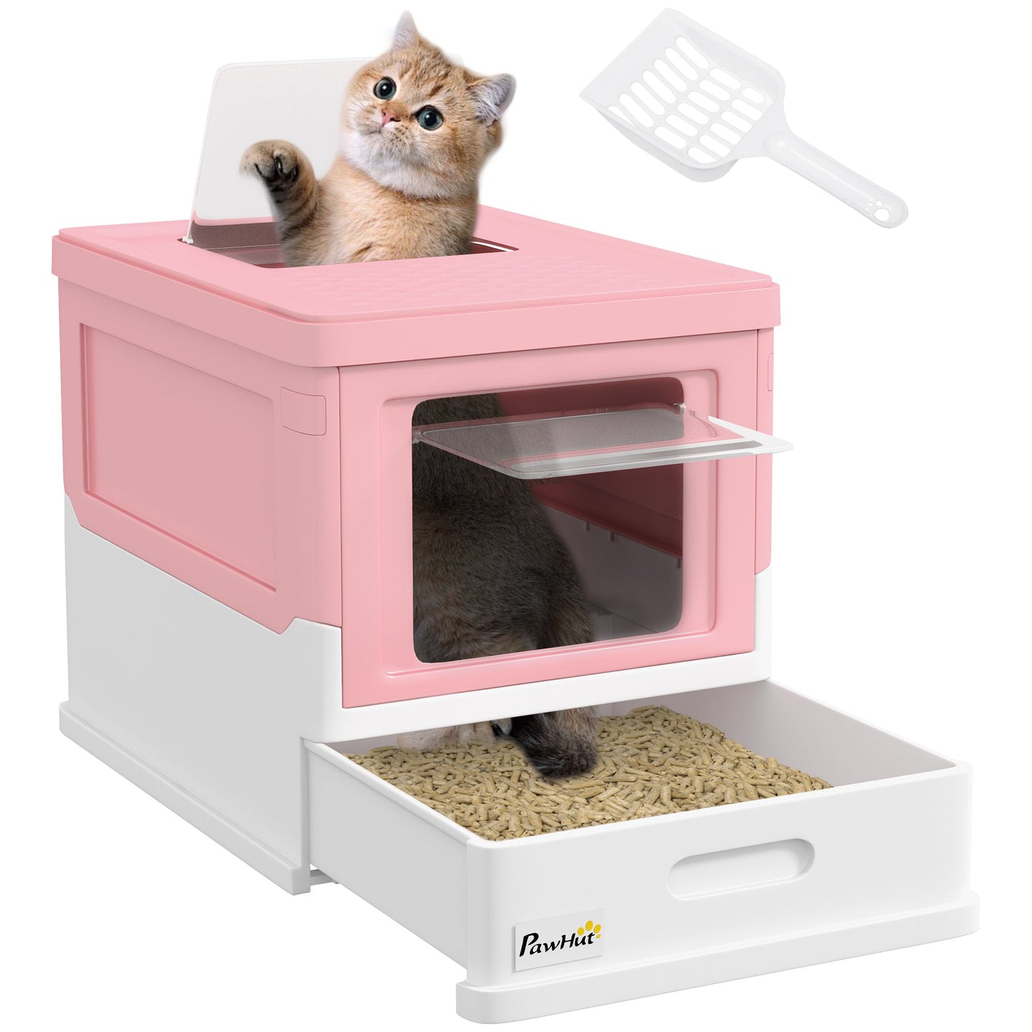 Hooded Cat Litter Box, Portable Pet Toilet, with Scoop, Front Entry - Pink-0
