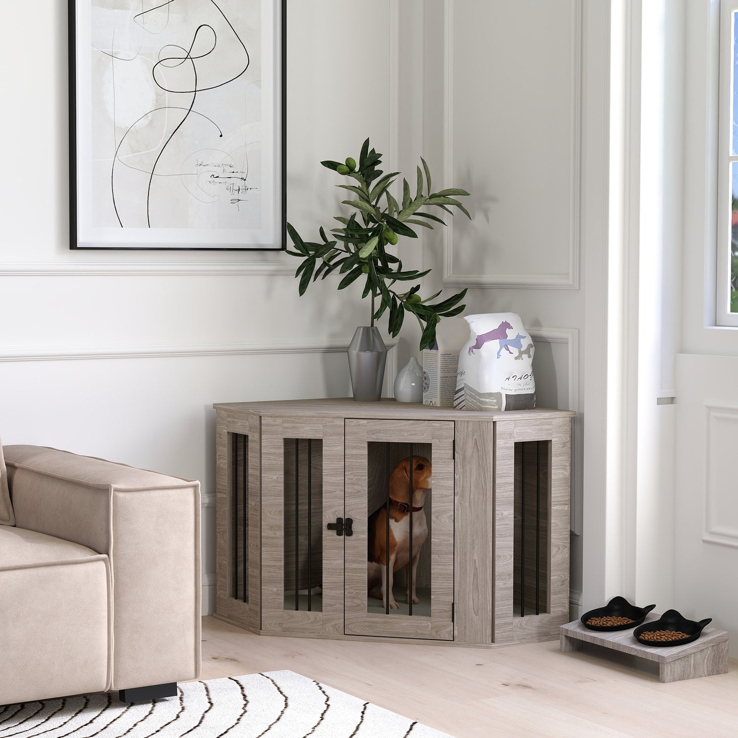 2 in 1 Dog Crate Furniture Side Table, with Cushion, 104 x 55 x 63cm - Walnut Brown by PawHut-8