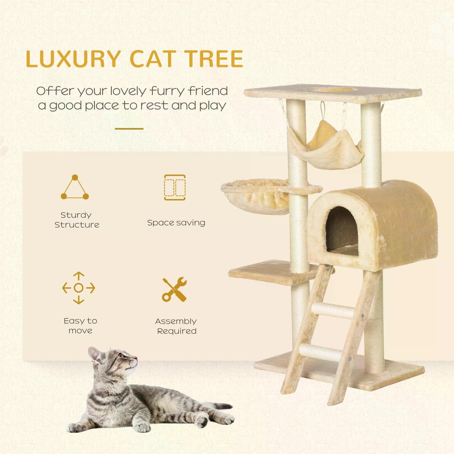 Cat Tree Tower Kitten Activity Centre Scratching Post w/ Hammock Condo Bed Basket Ladder 98 cm, Beige-3