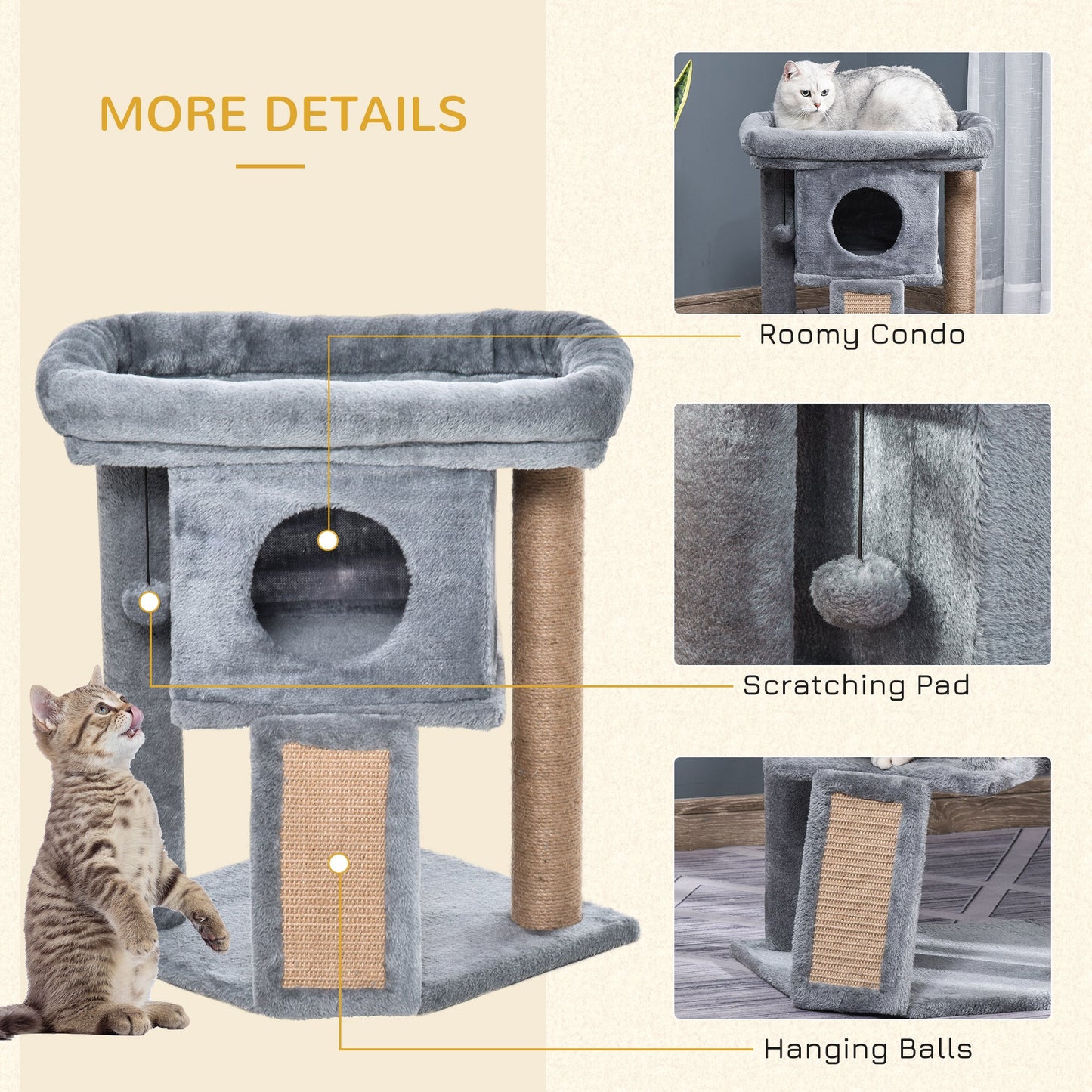 Cat Tree Tower for Indoor Cats Climbing Activity Center Kitten Furniture with Jute Scratching Pad Ball Toy Condo Perch Bed 40 x 40 x 57cm Grey-4
