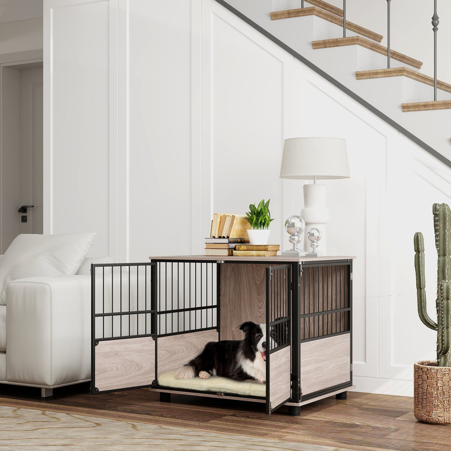 80cm Furniture Style Dog Crate Dog Cage End Table Indoor with 3 Doors Soft Washable Cushion, for Medium Sized Dogs-1