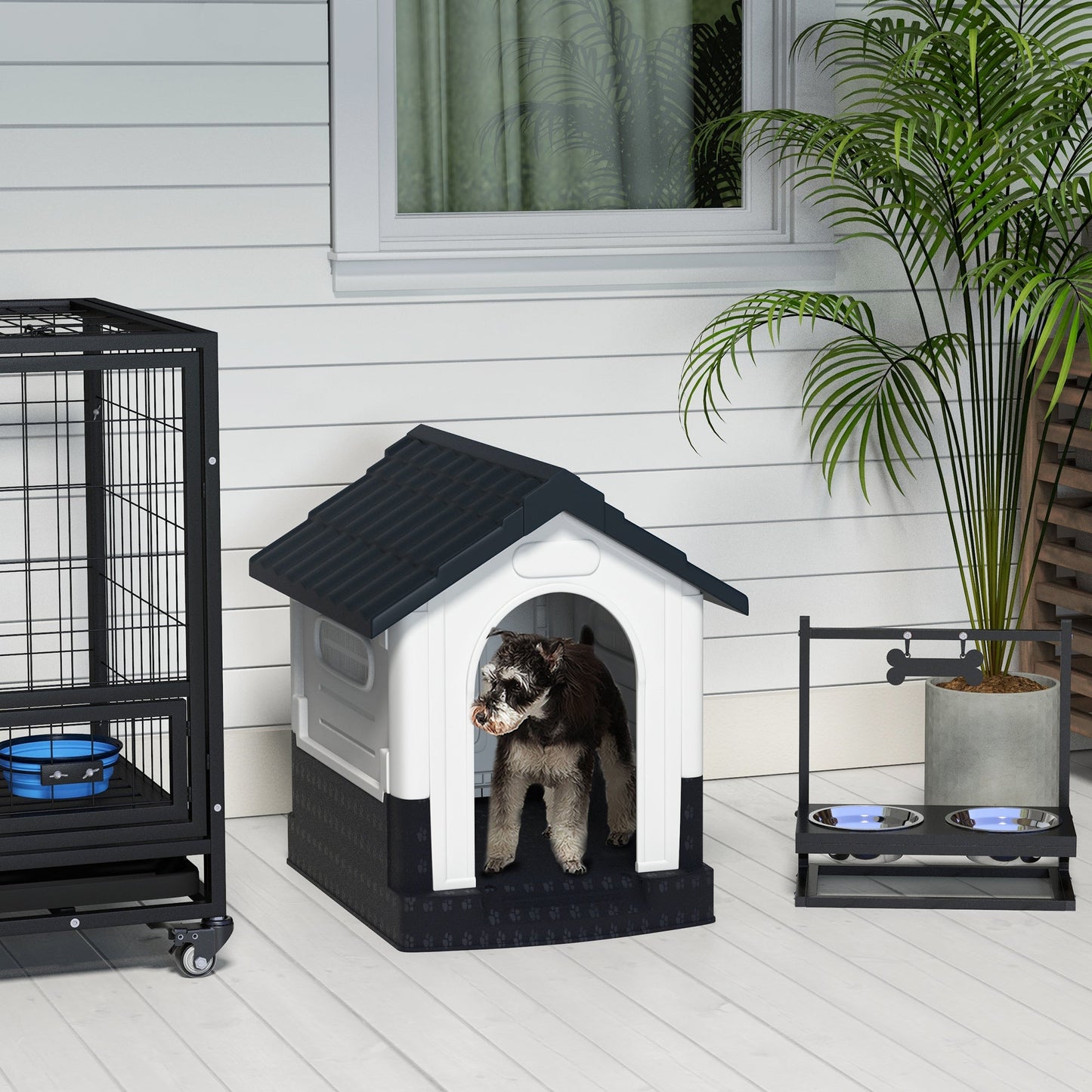 Plastic Dog Kennel with Windows, for Garden Patio, Miniature Dogs, 64.5 x 57 x 66cm - Grey-1