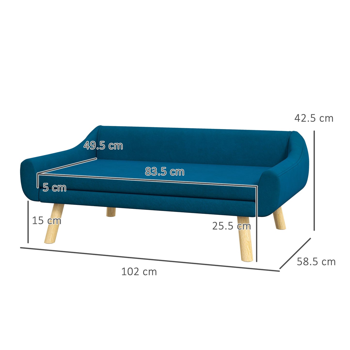 Dog Couch with Soft Cushion, Pet Sofa Bed with Wooden Frame, Removable Cover, for Medium and Large Dogs, Blue-2