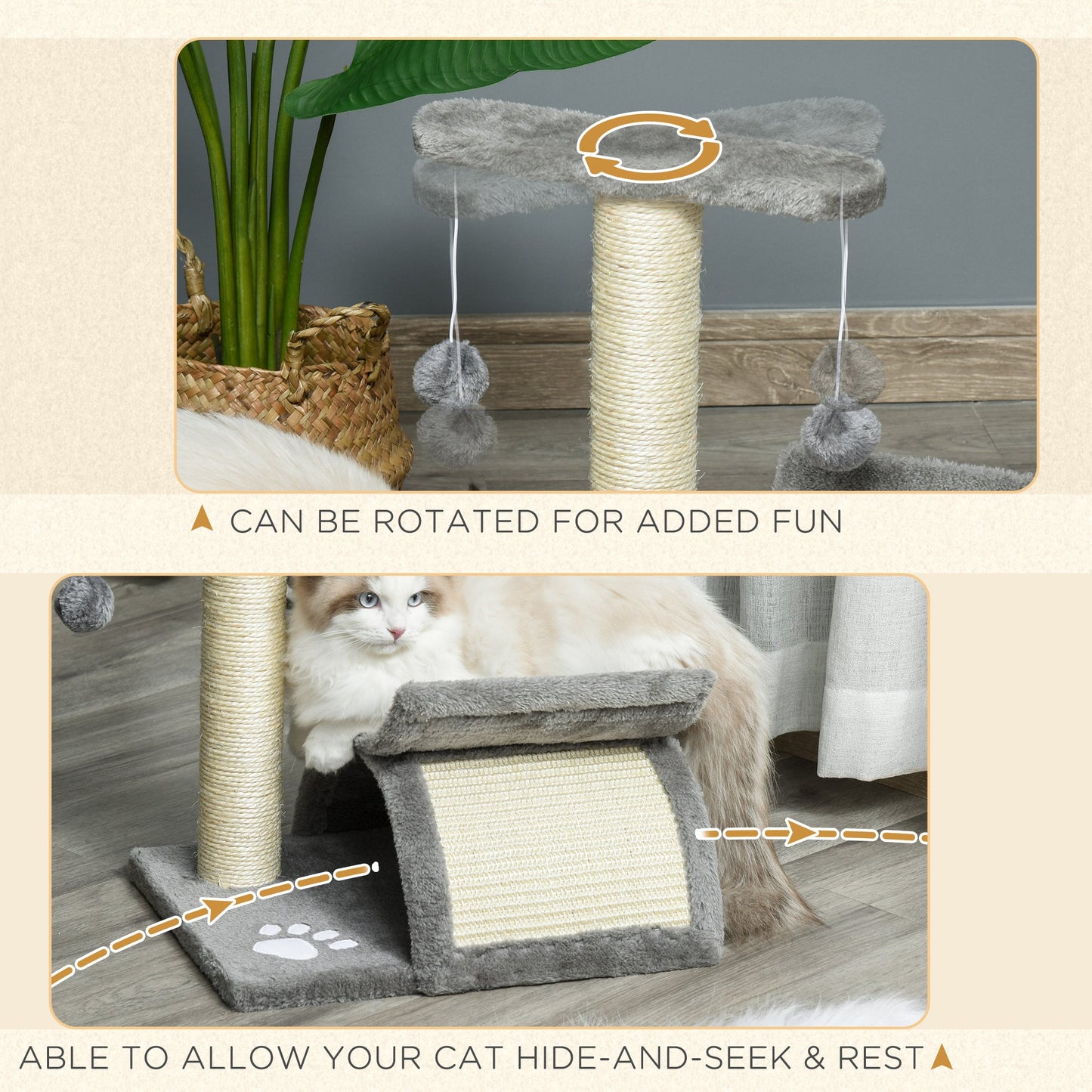 Cat Tree with Sisal Scratching Post, Cat Tower for Kittens, Small Cat Condo with Rotatable Top Bar, Tunnel, Dangling Balls, Grey-4