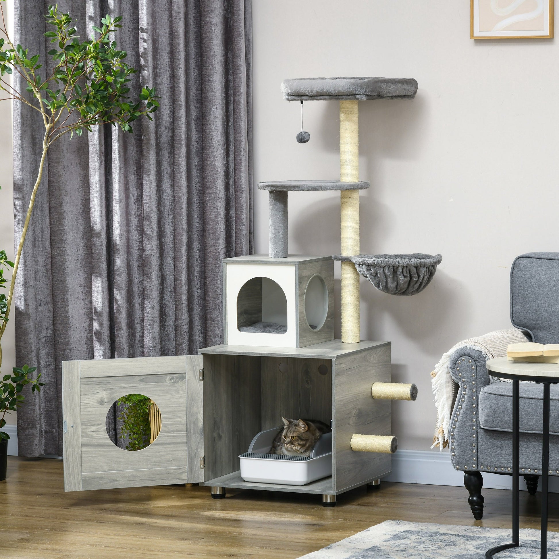 Enclosed Cat Litter Box with Cat House, Cat Bed, Scratching Posts, Platforms for Indoor Cats Use, Grey-1