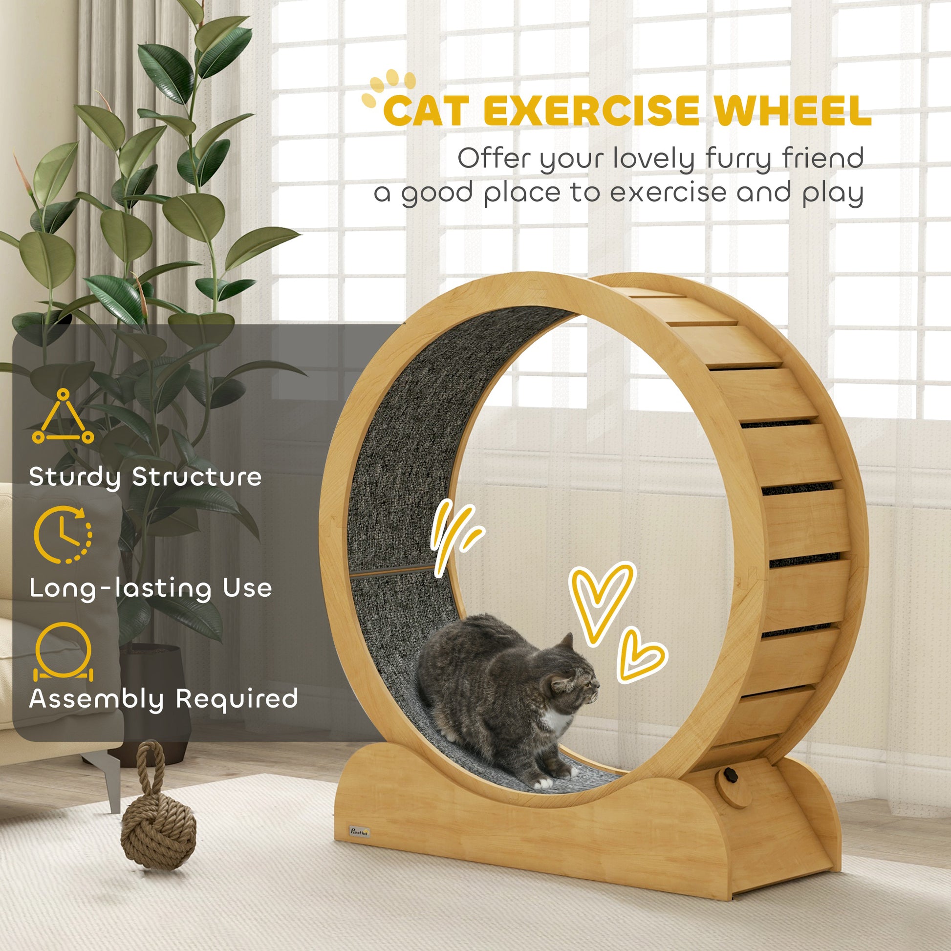 PawHut 39.4" Wooden Cat Running Wheel with Brake, Natural-2
