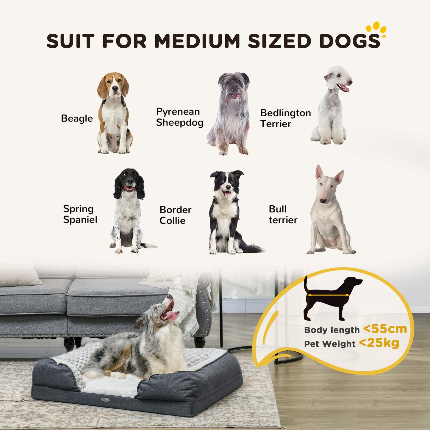 Calming Dog Bed Pet Mattress w/ Removable Cover, Anti-Slip Bottom, for Medium Dogs, 90L x 69W x 21Hcm - Charcoal Grey-3