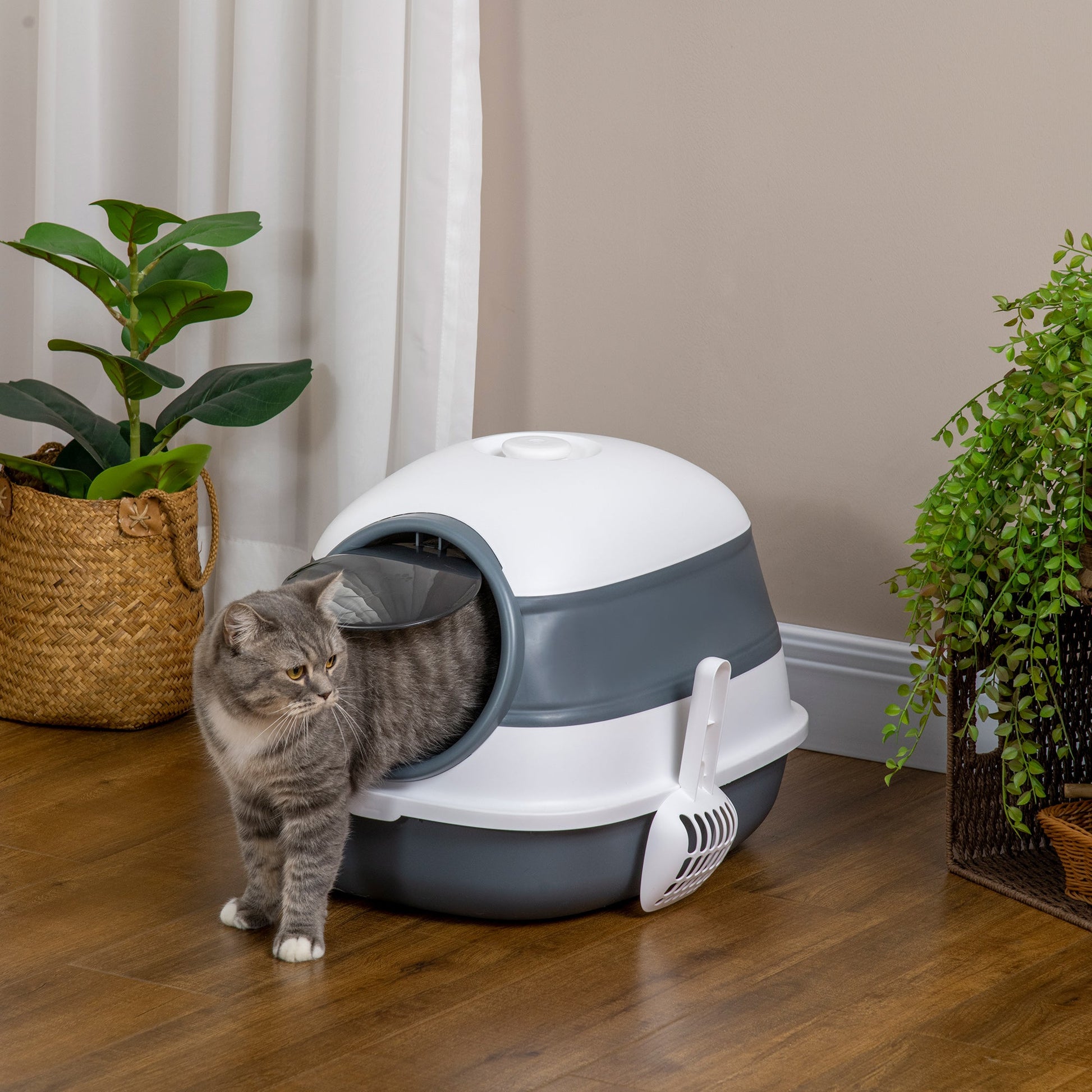 Cat Litter Tray with Lid, Hooded Cat Litter Box with High Sides, Deodorant, No Litter Spill, Large Two-way Entrance, Scoop Included-1