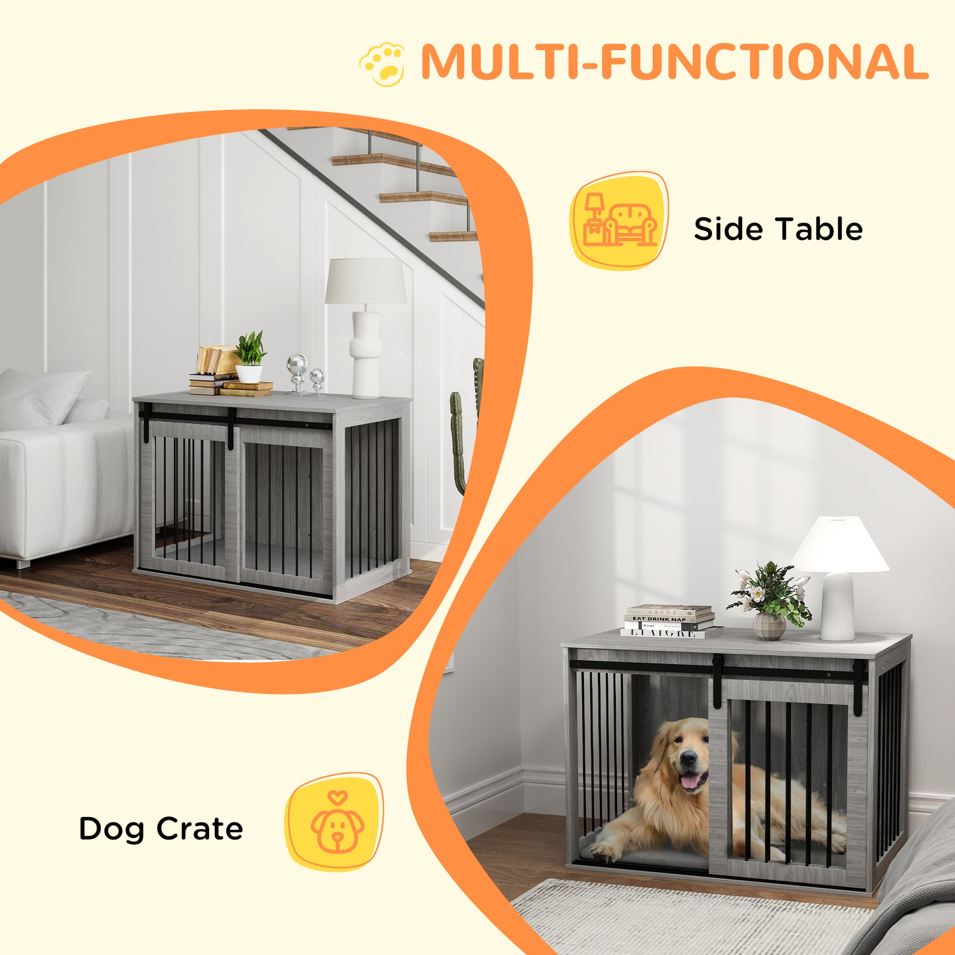 PawHut 100cm Dog Crate Furniture with Removable Cushion for Large Dogs in Grey-3