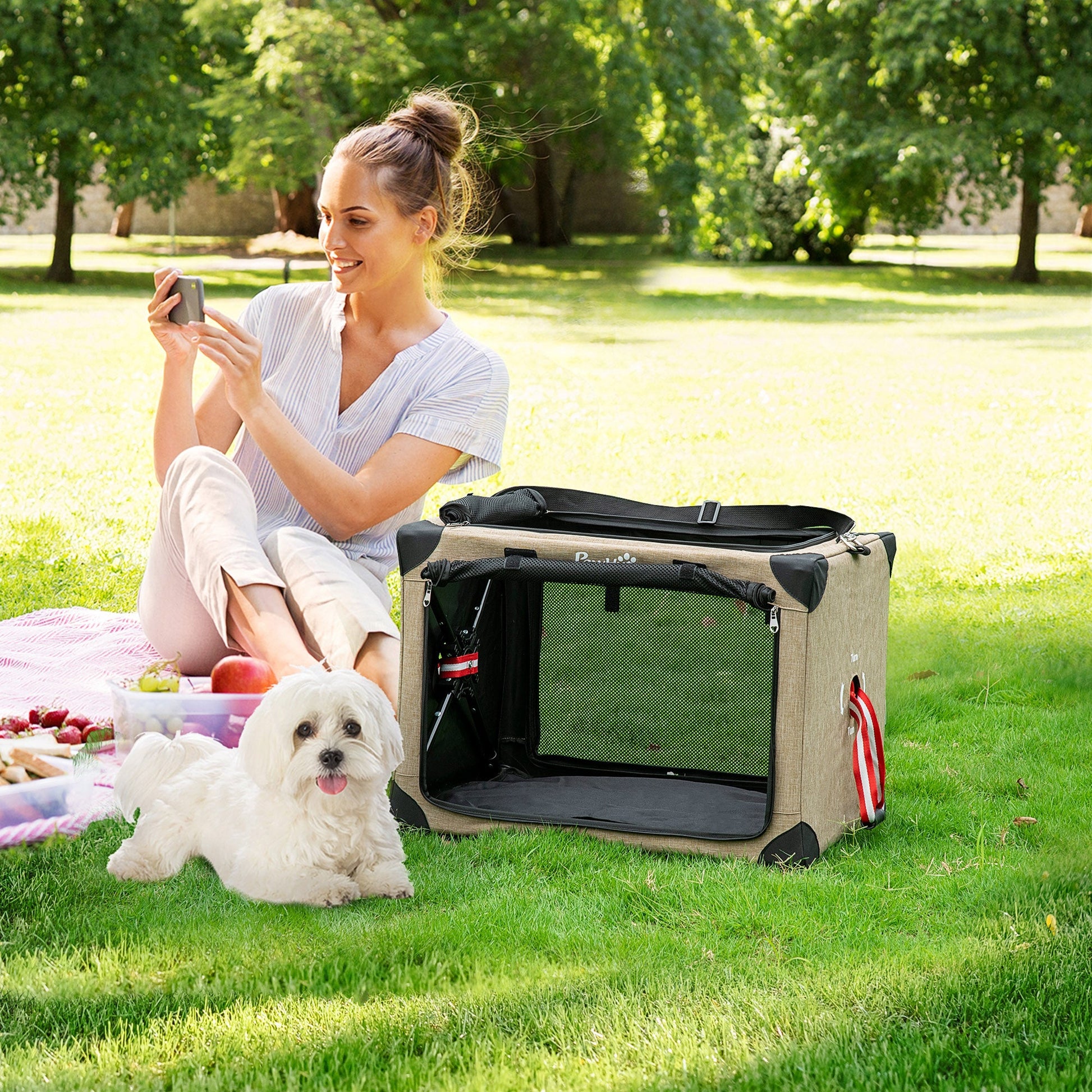 Pet Carrier Folding Cat Carrier Portable Dog Bag Pet Travel Carrier w/ Cushion, Adjustable Strap for S & XS Dogs, Khaki-1