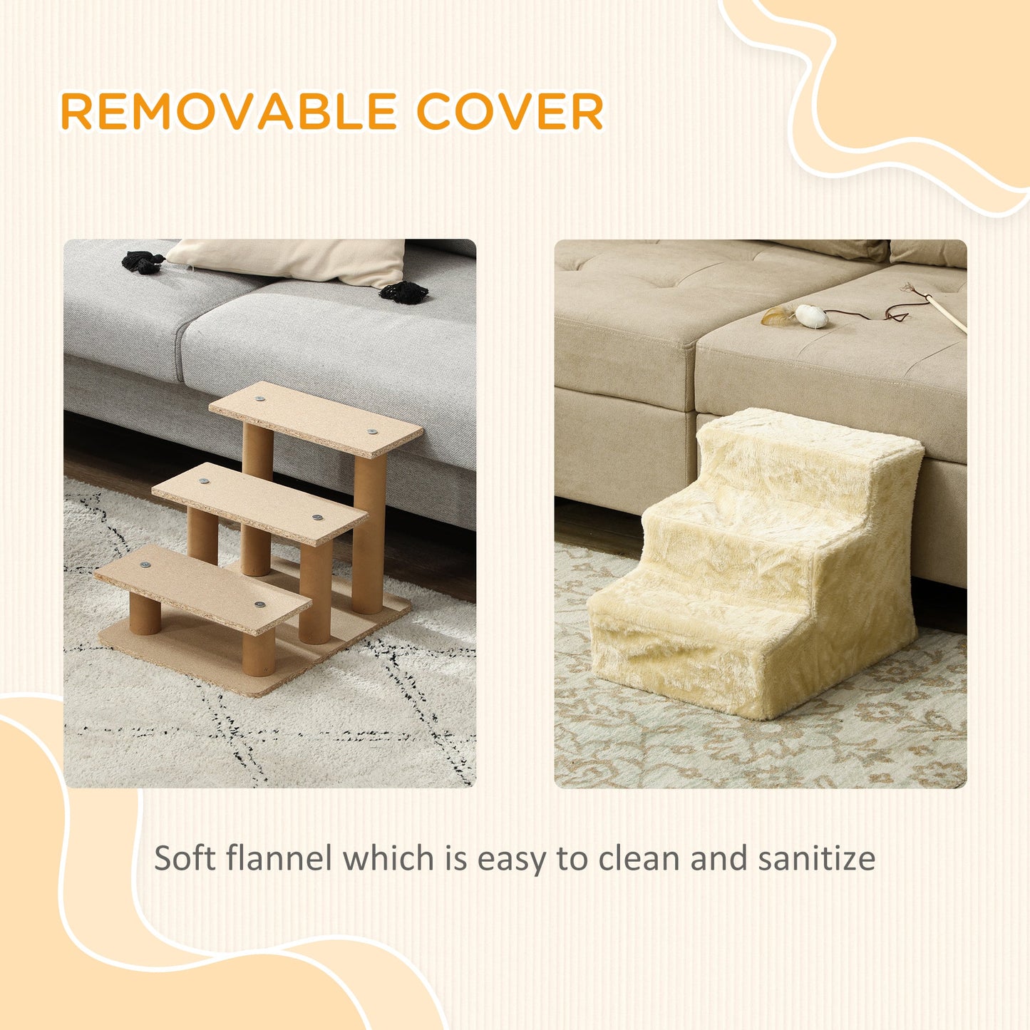 Three-Step Dog Stairs, with Washable Plush Cover, for High Bed Sofa, Dog Stairs for Small Dog and Cat - Beige-4
