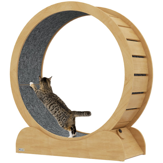 PawHut 39.4" Wooden Cat Running Wheel with Brake, Natural-0