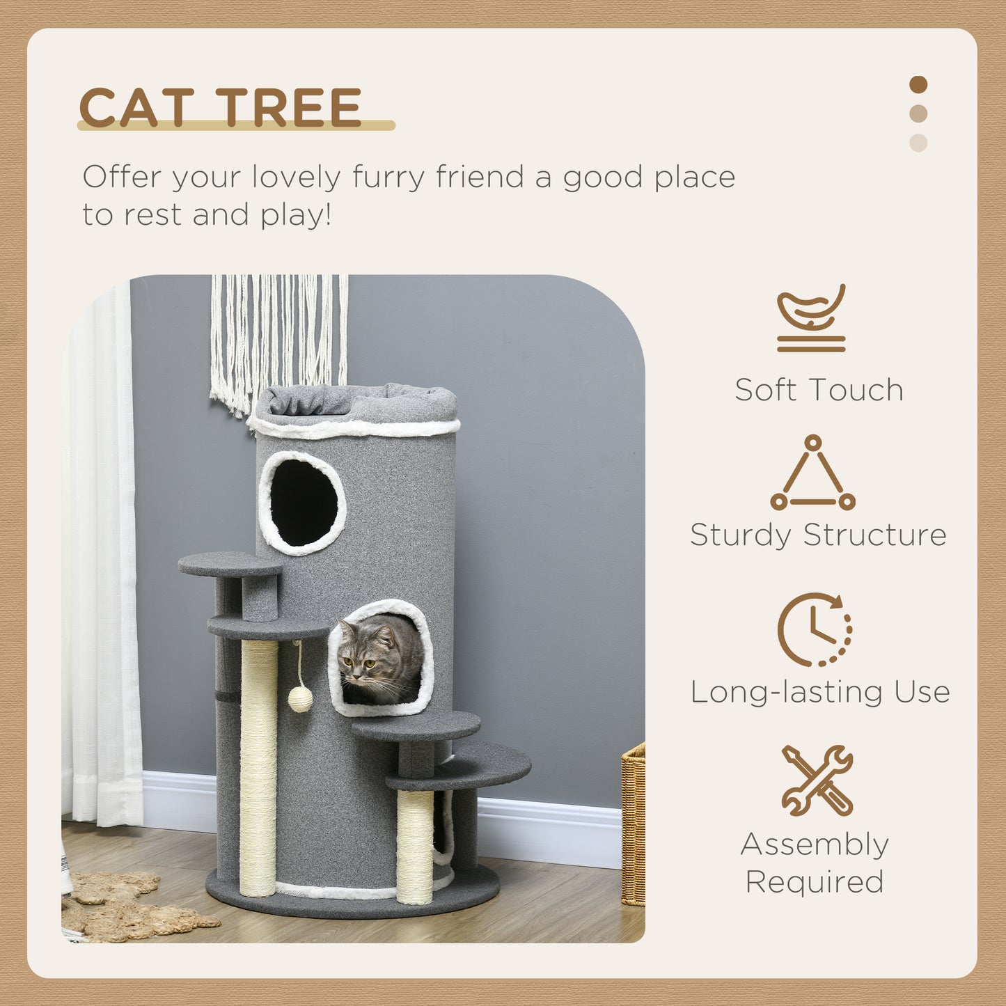 Barrel Shaped Cat Tree with Sisal Scratching Posts, Cat Bed, Platforms & Hanging Ball (Grey)-2