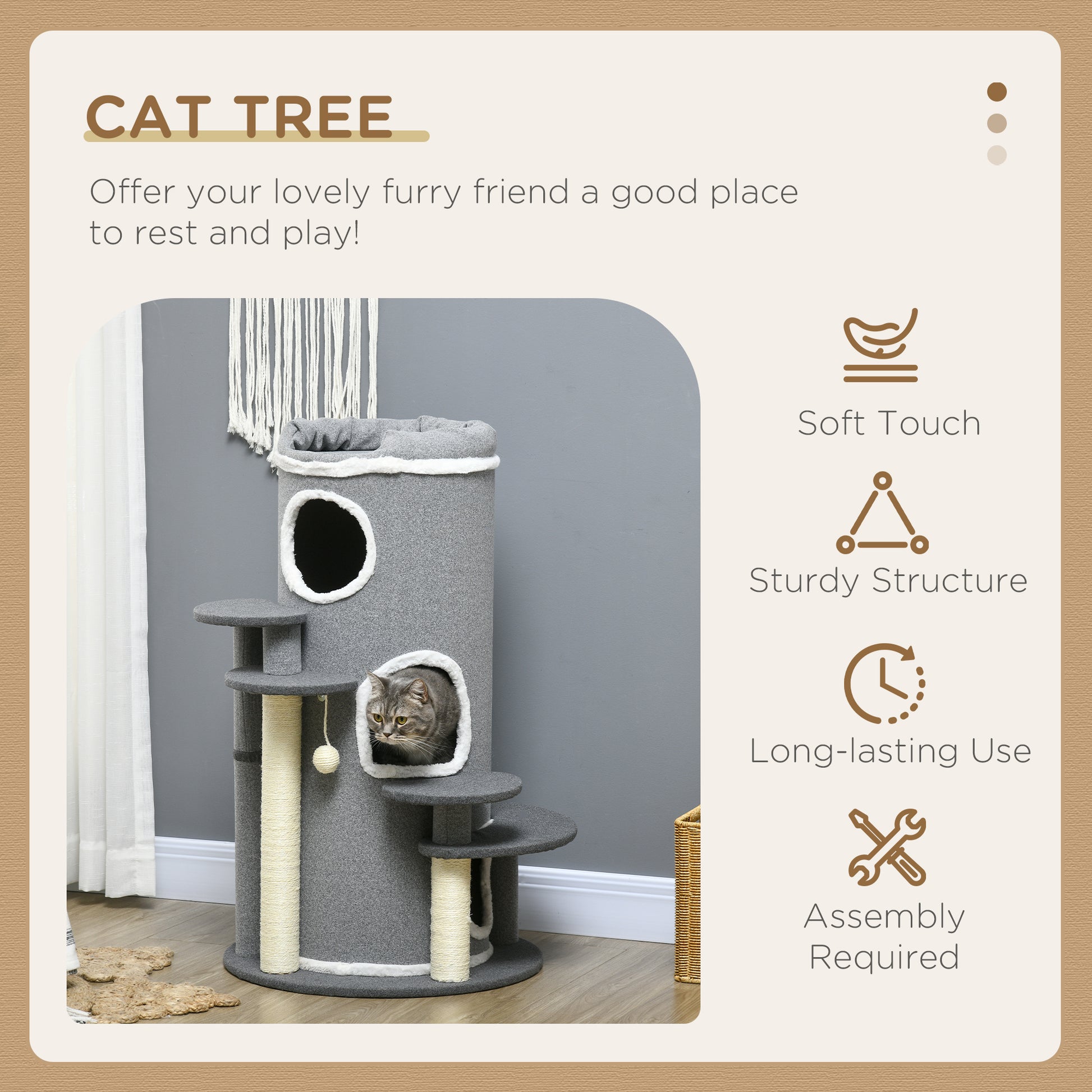 Barrel Shaped Cat Tree with Sisal Scratching Posts, Cat Bed, Platforms & Hanging Ball (Grey)-2
