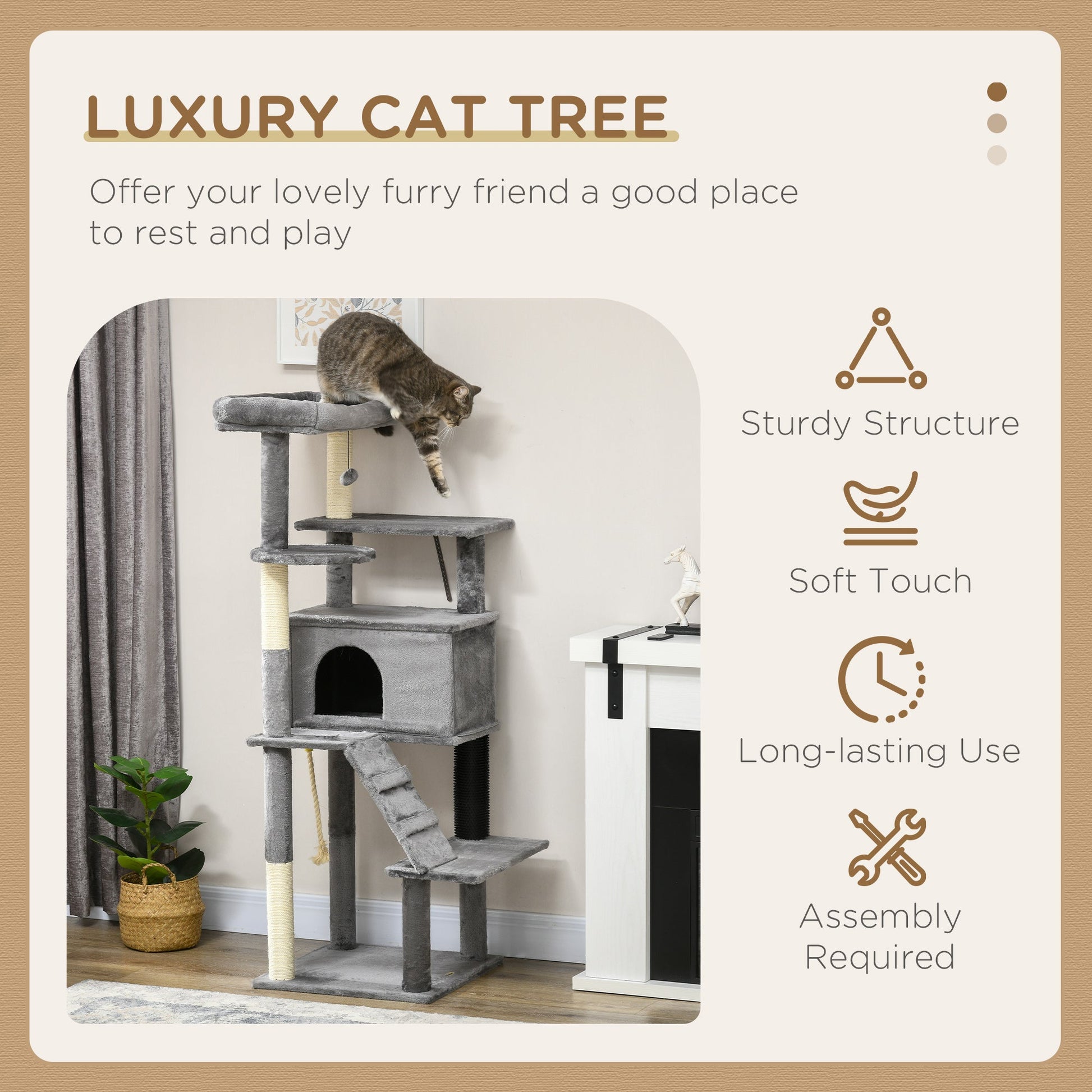 Cat Tree Tower for Indoor Cats, with Scratching Post, Cat House, Toy, Grey-3