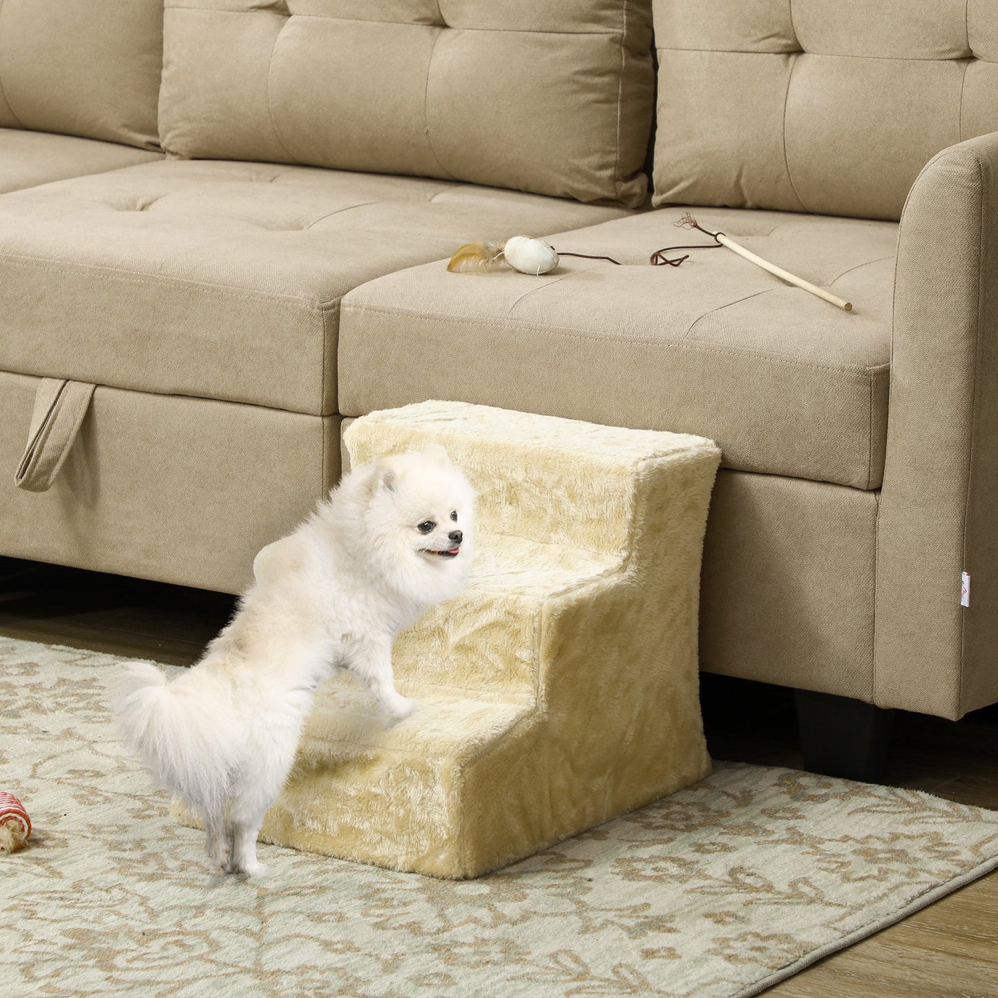 Three-Step Dog Stairs, with Washable Plush Cover, for High Bed Sofa, Dog Stairs for Small Dog and Cat - Beige-1