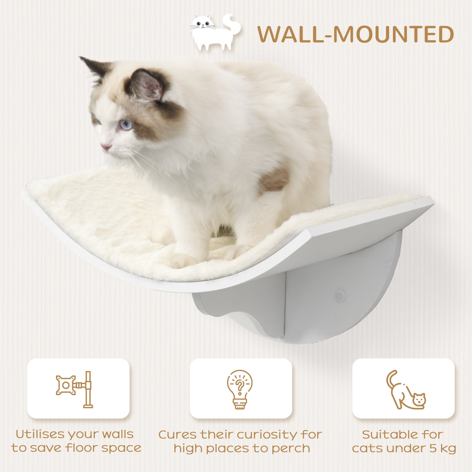 Wood Cat Shelves Wall-Mounted Shelter Curved Kitten Bed Cat Perch Climber Cat Furniture 41 x 28 x 21cm White-3