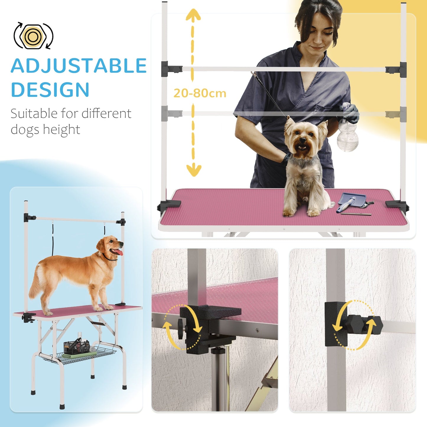 42" Dog Grooming Table, Adjustable Pet Cat Drying Beauty Table with 2 Loops Storage Basket, Rubber Top, Pink-3