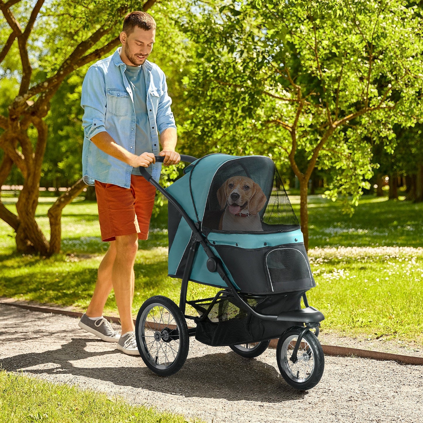 Pet Stroller Jogger for Medium, Small Dogs, Foldable Cat Pram Dog Pushchair w/ Adjustable Canopy, 3 Big Wheels - Dark Green-1