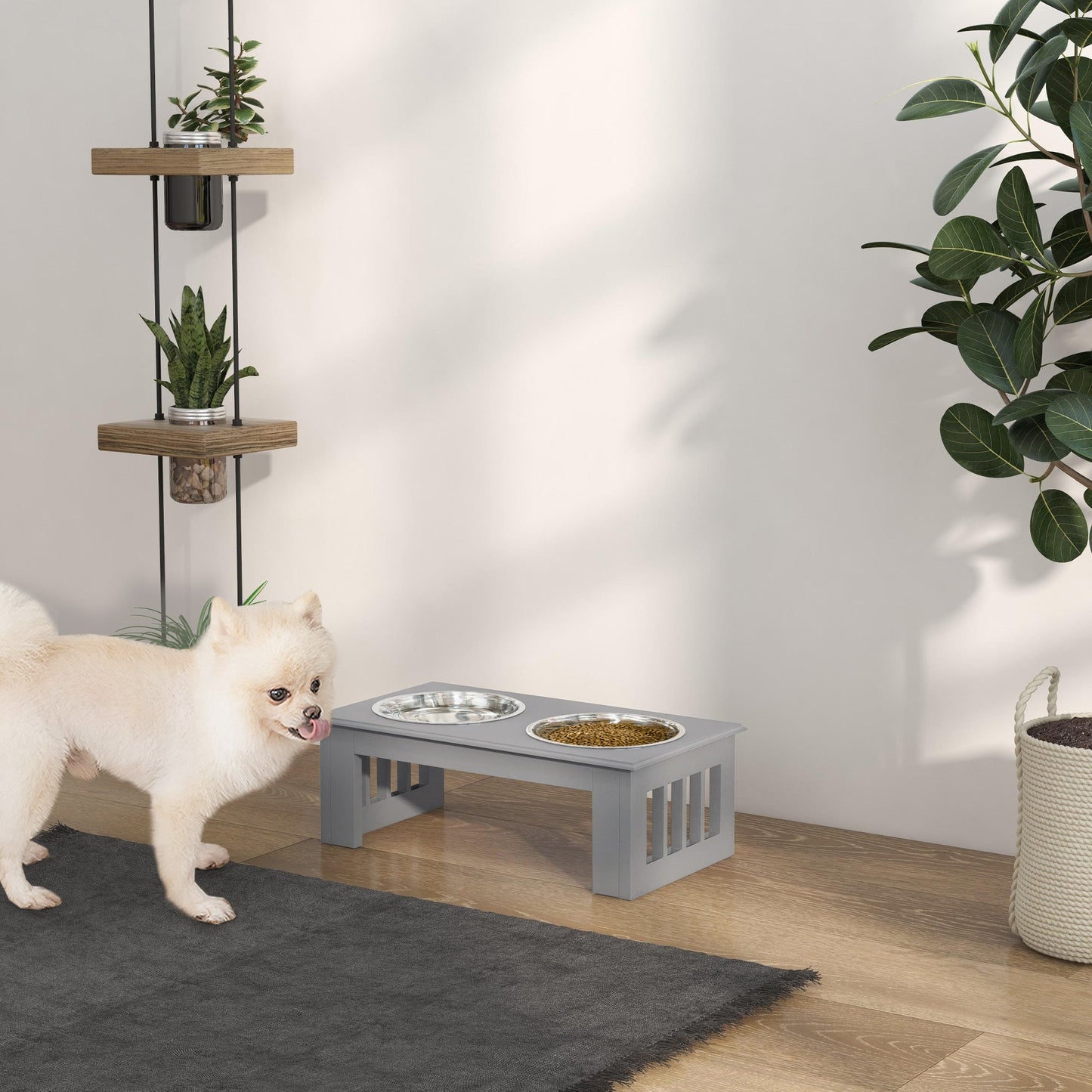 Raised Dog Feeding Bowls with Stand, Stainless Steel for Extra Small and Small Dog, 44L x 24W x 15H cm - Grey-1