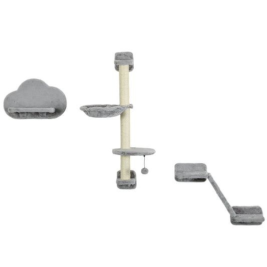 3 Pcs Wall Mounted Cat Shelves, w/ Hammock, Jumping Platform, Ladder, Scratching Post, Cat Wall Furniture w/ Play Ball for Large Cats, Grey-0