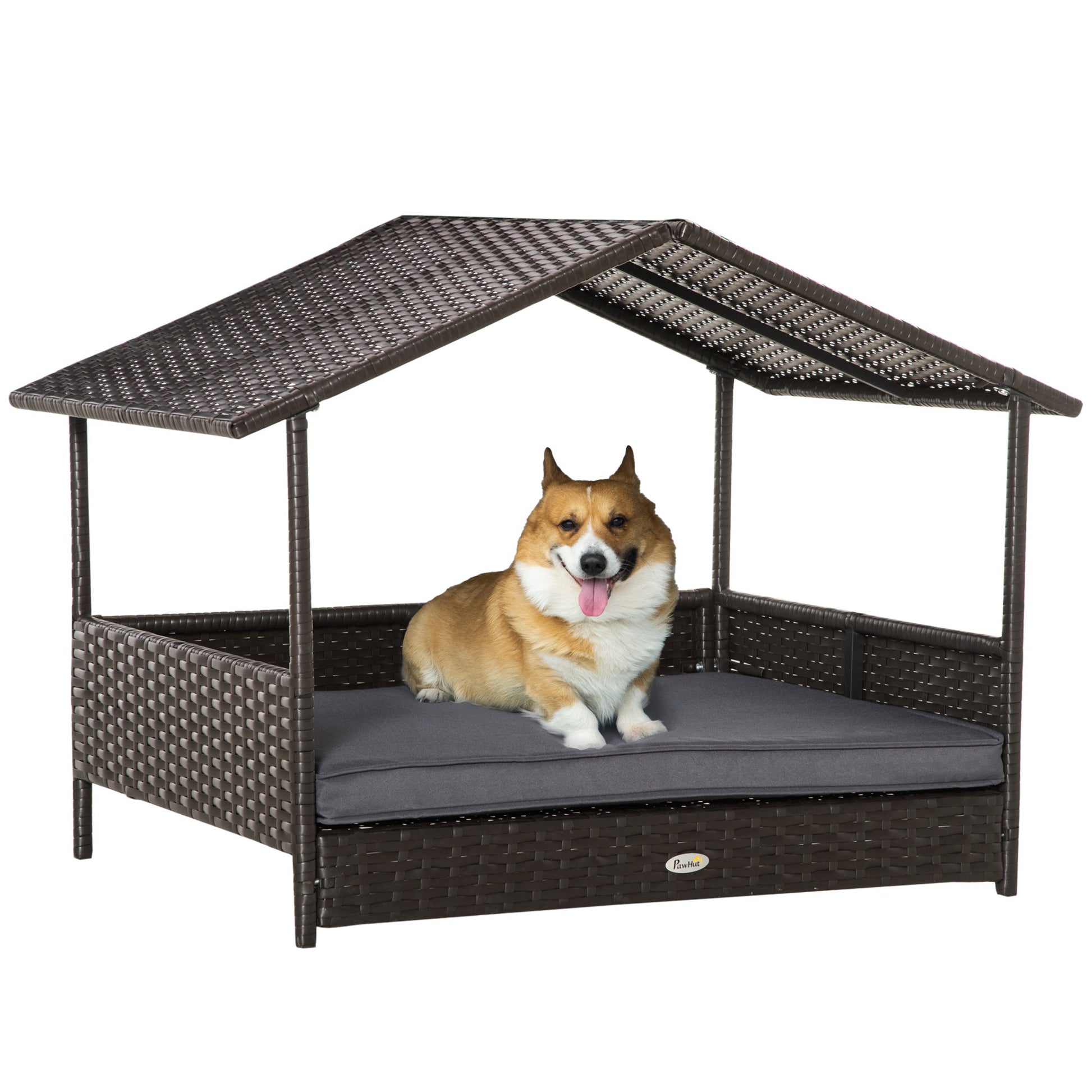 Rattan Dog House, Elevated Wicker Pet Bed Lounge with Removable Cushion and Canopy, for Small and Medium Dogs, 98 x 69 x 73cm - Grey-0
