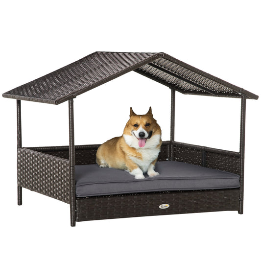 Rattan Dog House, Elevated Wicker Pet Bed Lounge with Removable Cushion and Canopy, for Small and Medium Dogs, 98 x 69 x 73cm - Grey-0