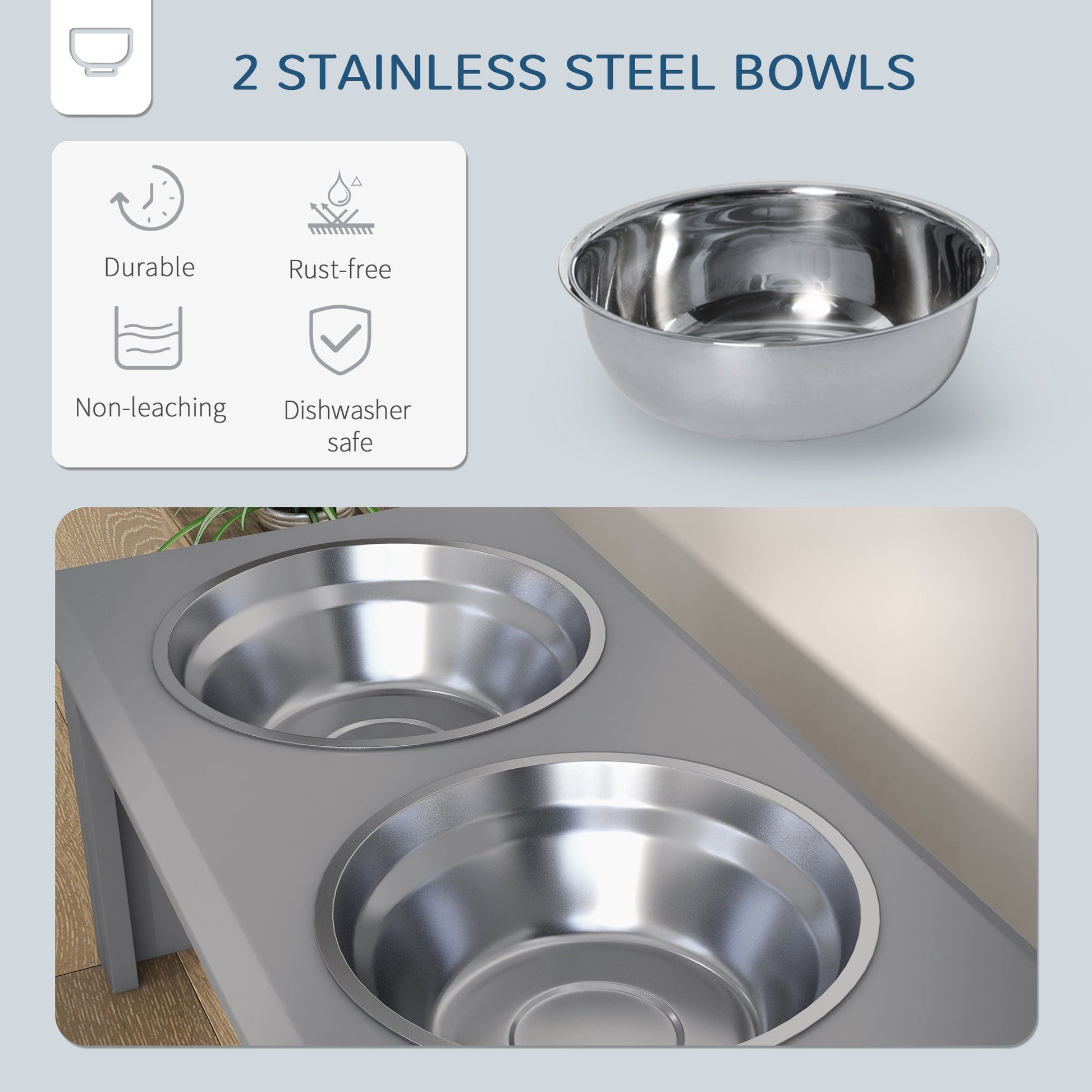 Raised Dog Feeding Bowls with Stand, Stainless Steel for Small and Medium Dog, 58L x 31W x 25H cm - Grey-4