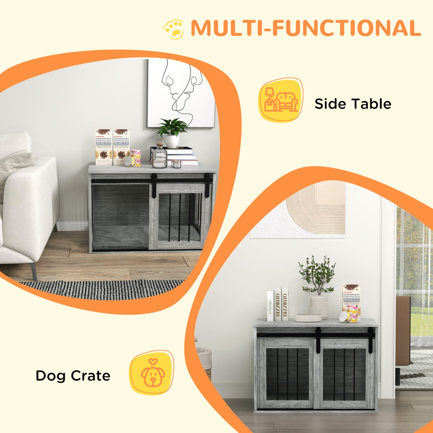PawHut 80cm Dog Crate Furniture with Removable Cushion for Large Dogs in Grey-3